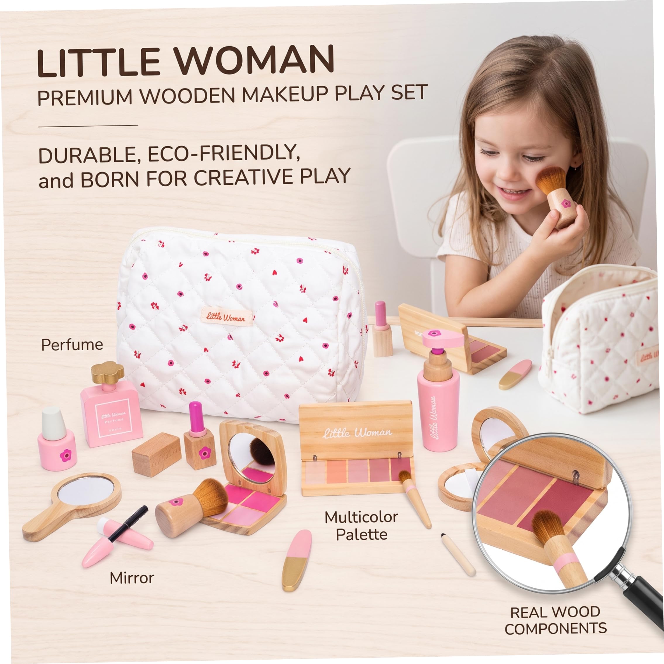 Set de Maquillaje de Madera para niños, Maquillaje de imitación con Bolsa de cosméticos