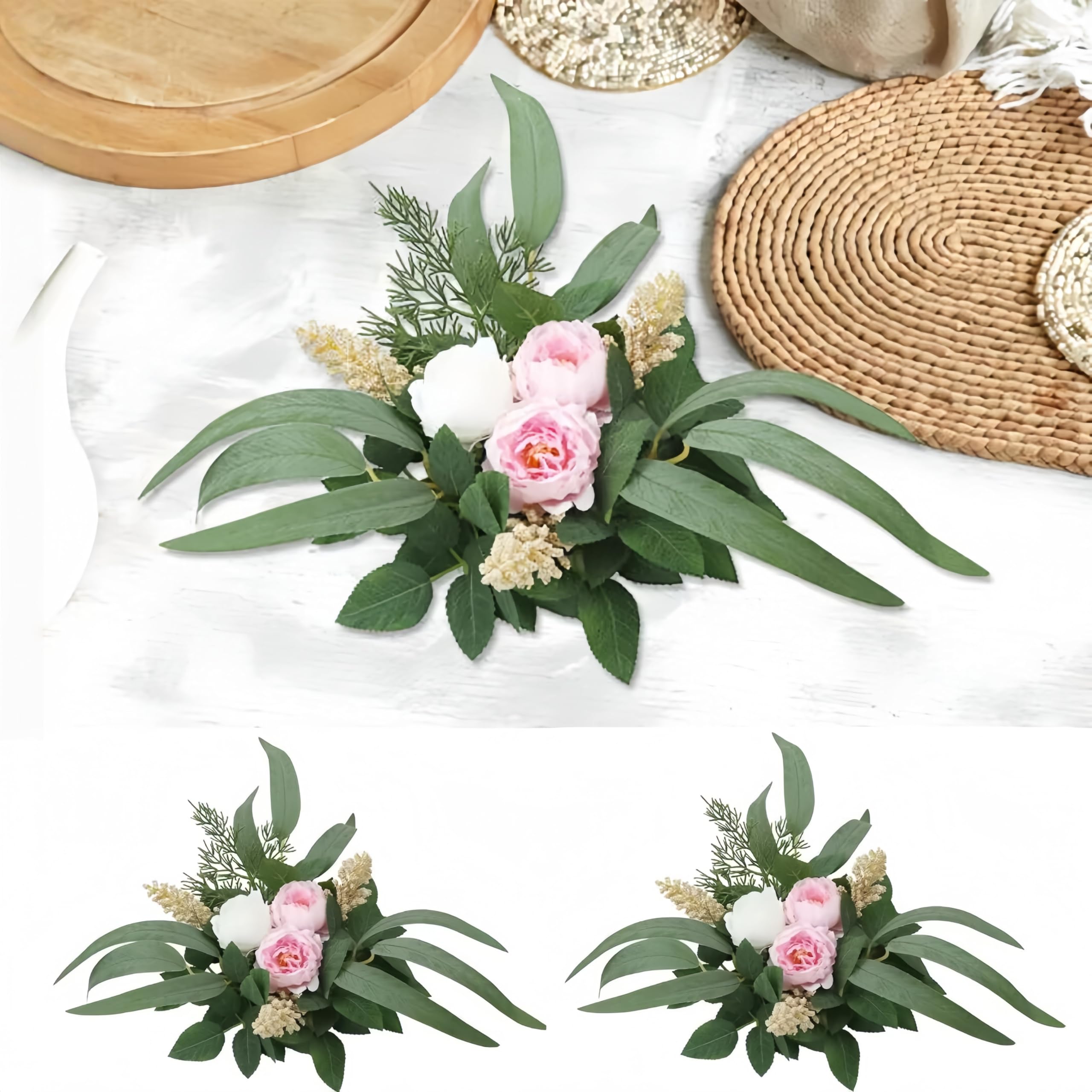 2Pack Flower Candle Rings Wreaths Summer Floral Candle Rings 3 Inch Center Mini Peony Rings Wreaths for Cabinet Pillar Wedding Farmhouse Mom Gifts