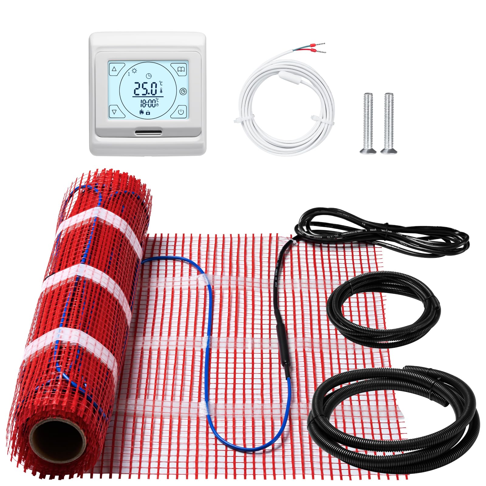 KEZERS Riscaldamento a pavimento elettrico 150 W/m², autoadesivo per piastrelle, laminato e altro, termostato digitale touch con programma settimanale per bagno, corridoio, camera da letto, soggiorno