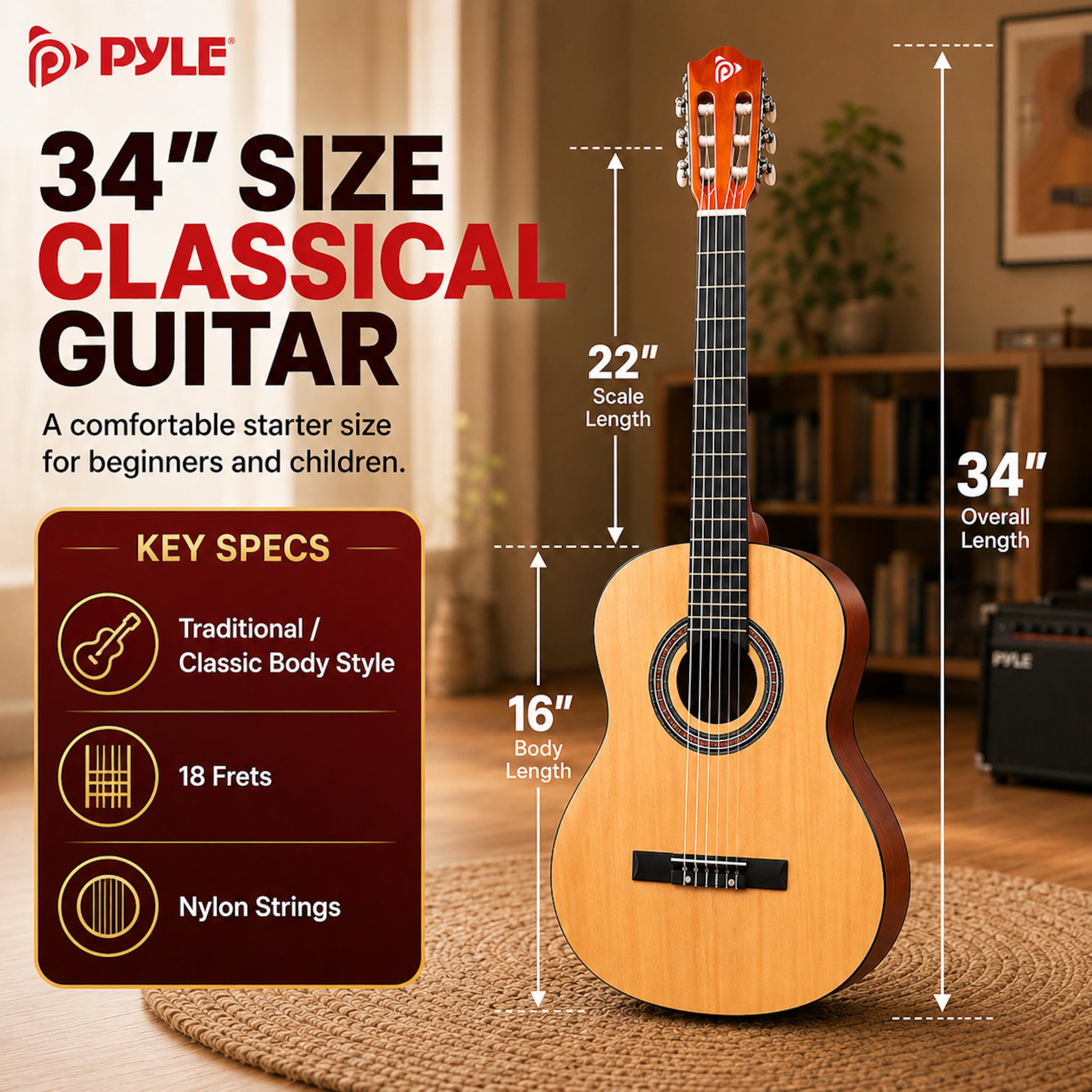 Pyle Kit per chitarra acustica per principianti, 1/2 Junior Size All Wood Instrument con kit di accessori completo, plettri, tracolla, custodia, panno per la pulizia, app accordatore, lezioni di 2