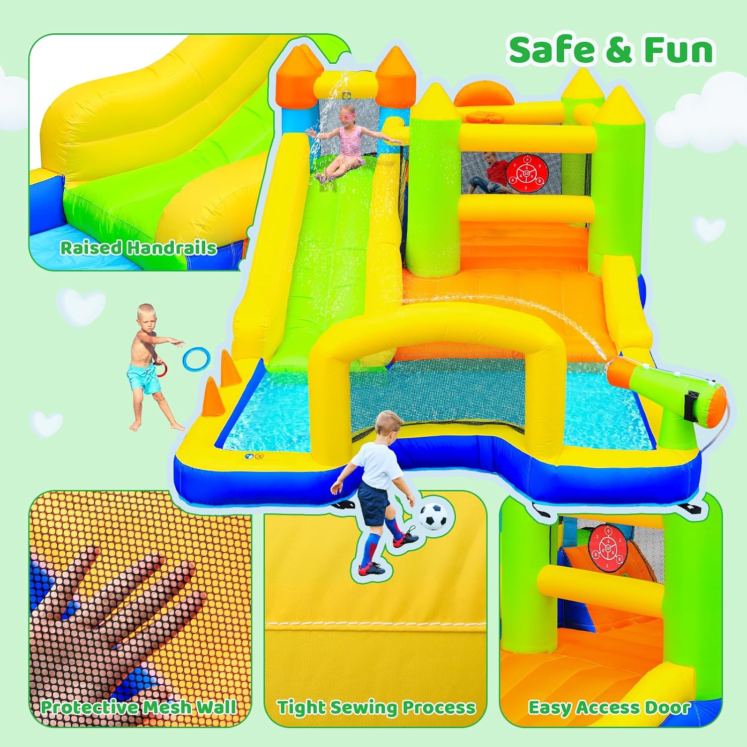 Arlopu Bounce House, Inflatable Water Slide for Kids, 9 in 1 Bounce Castle w/Long Slide, Climbing Wall, Ball Pit Pool, Soccer Goal, Blow Up Water Park w/Air Blower, for Indoor Outdoor