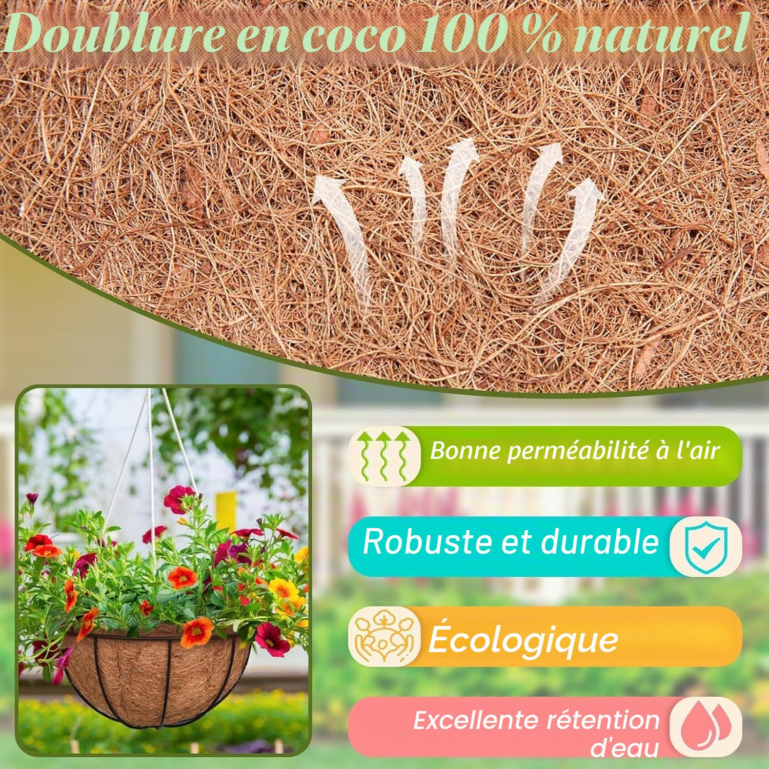 LATERN 4 Pièces Pots à Suspendu en Métal avec Doublure en Coco, 20CM Panier de Fleurs Ronds Suspendus de Doublure en Fibre de Coco avec 40CM Chaîne pour Jardin Porche Patio Plante Fleur Décoration