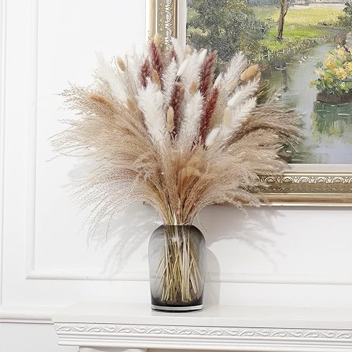 Miniatura 6 de 70 piezas de hierba seca de las pampas de 17 pulgadas, ramo de pompas blancas esponjosas y secas con colas de conejo, flores pequeñas para