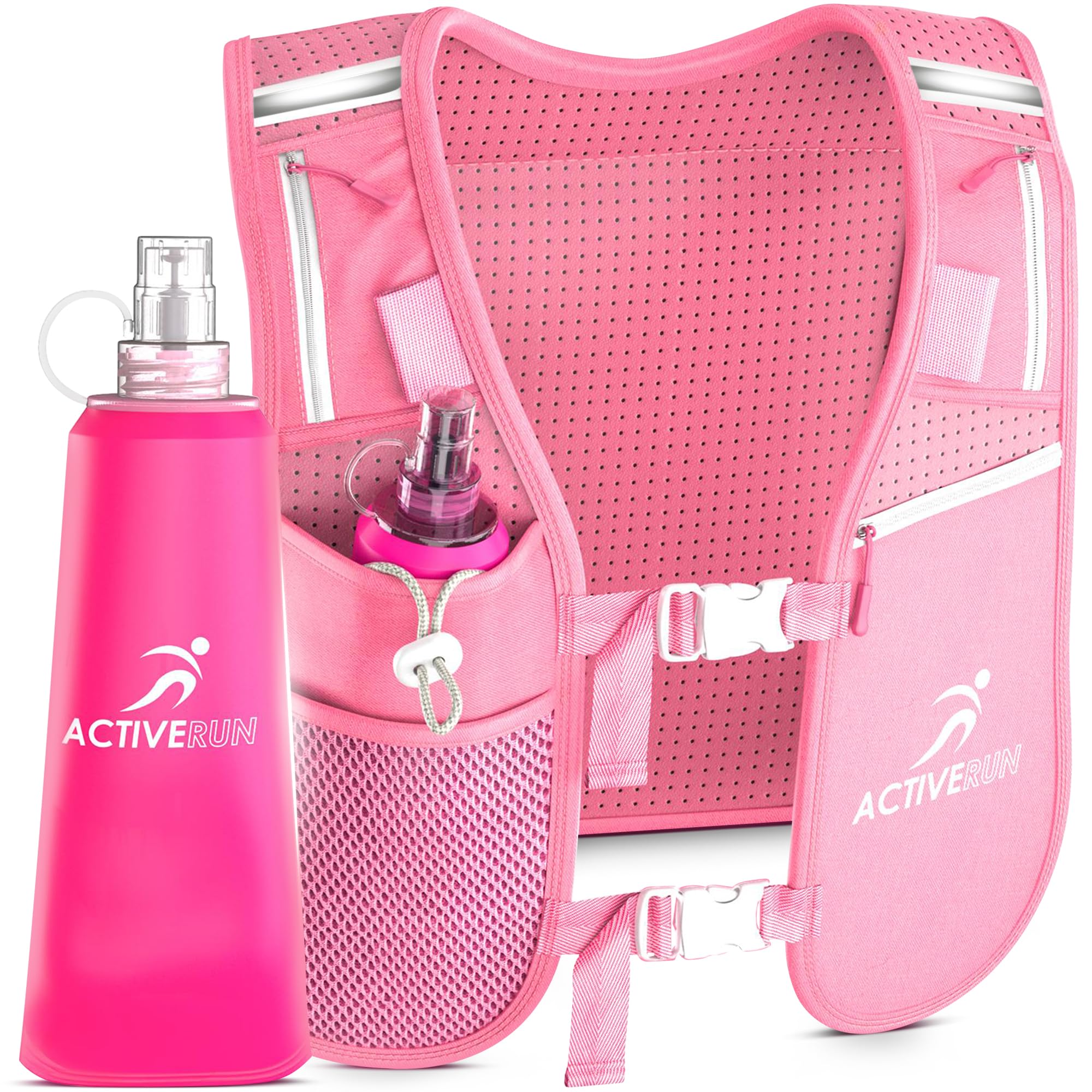 ACTIVERUN | Running Vest - 500ml Water Bottle & Phone Holder – Reflective & Adjustable - Unisex Lightweight Vest with 6 Storage Compartments for Running, Cycling & Hiking