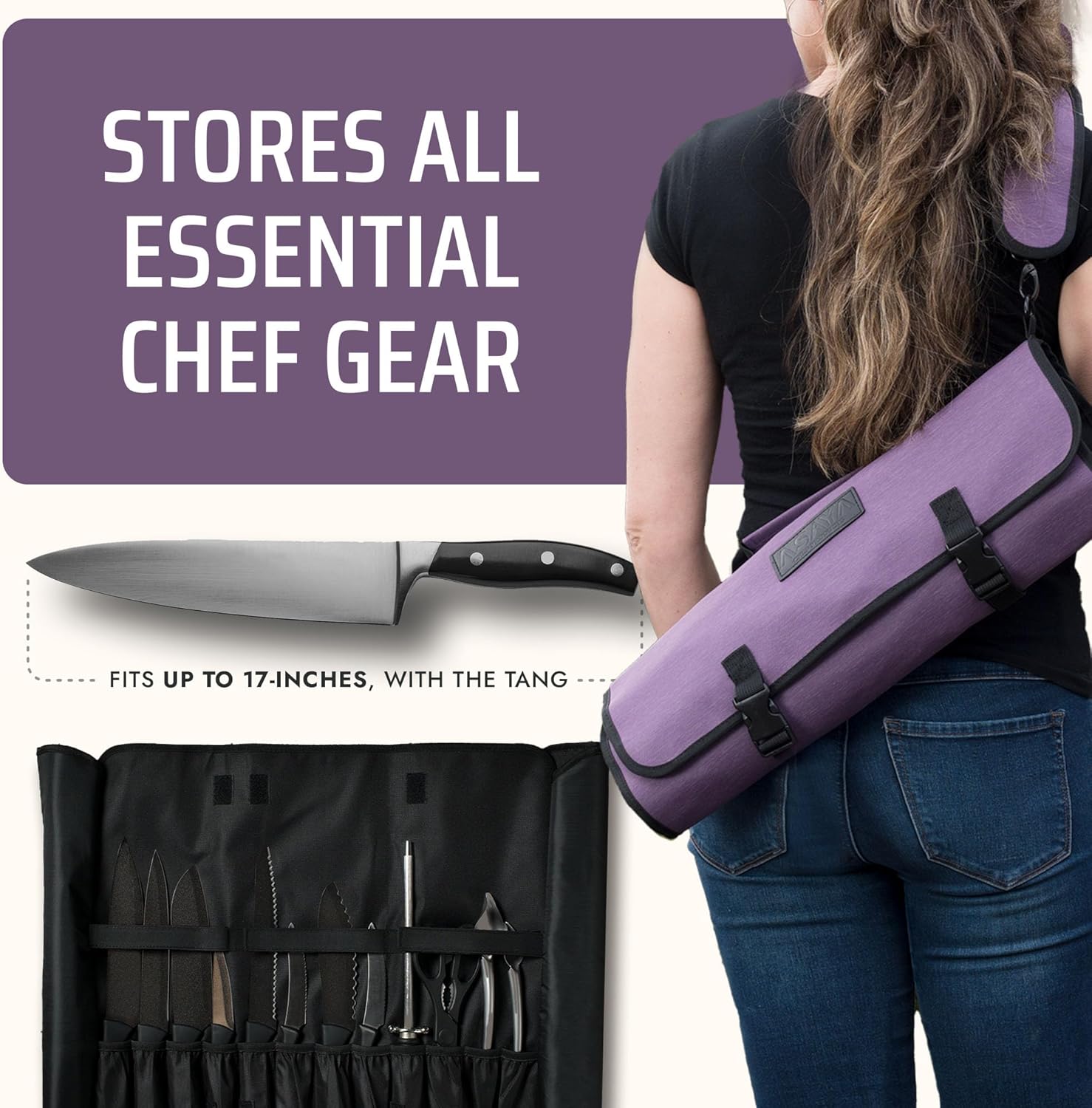 Asaya Waxed Nylon Chef Knife Roll Bag with 20 Slots and Zippered Pockets - Professional Chef Knife Bag & Storage Case, Tool Carrier with Shoulder Strap - Knives Not Included (Purple)