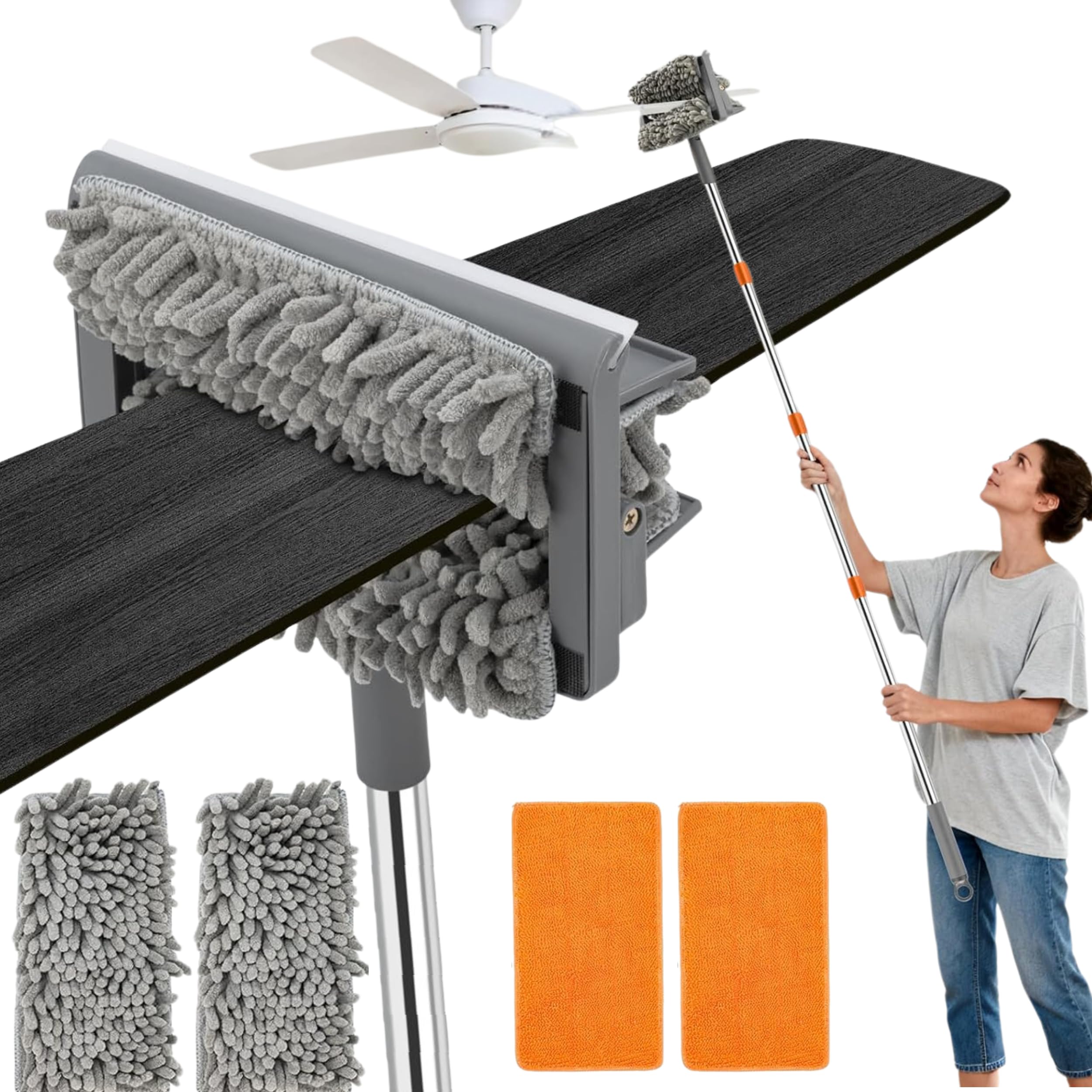 Fan Cleaning mop with Extendable Long Rod 3-in-1 Ceiling Fan Cleaner Brush Microfiber Duster for Home Cleaning Essentials Spider Web Wall Roof Dust Remover Design Registerd IPI (Orange Gray)-image-14