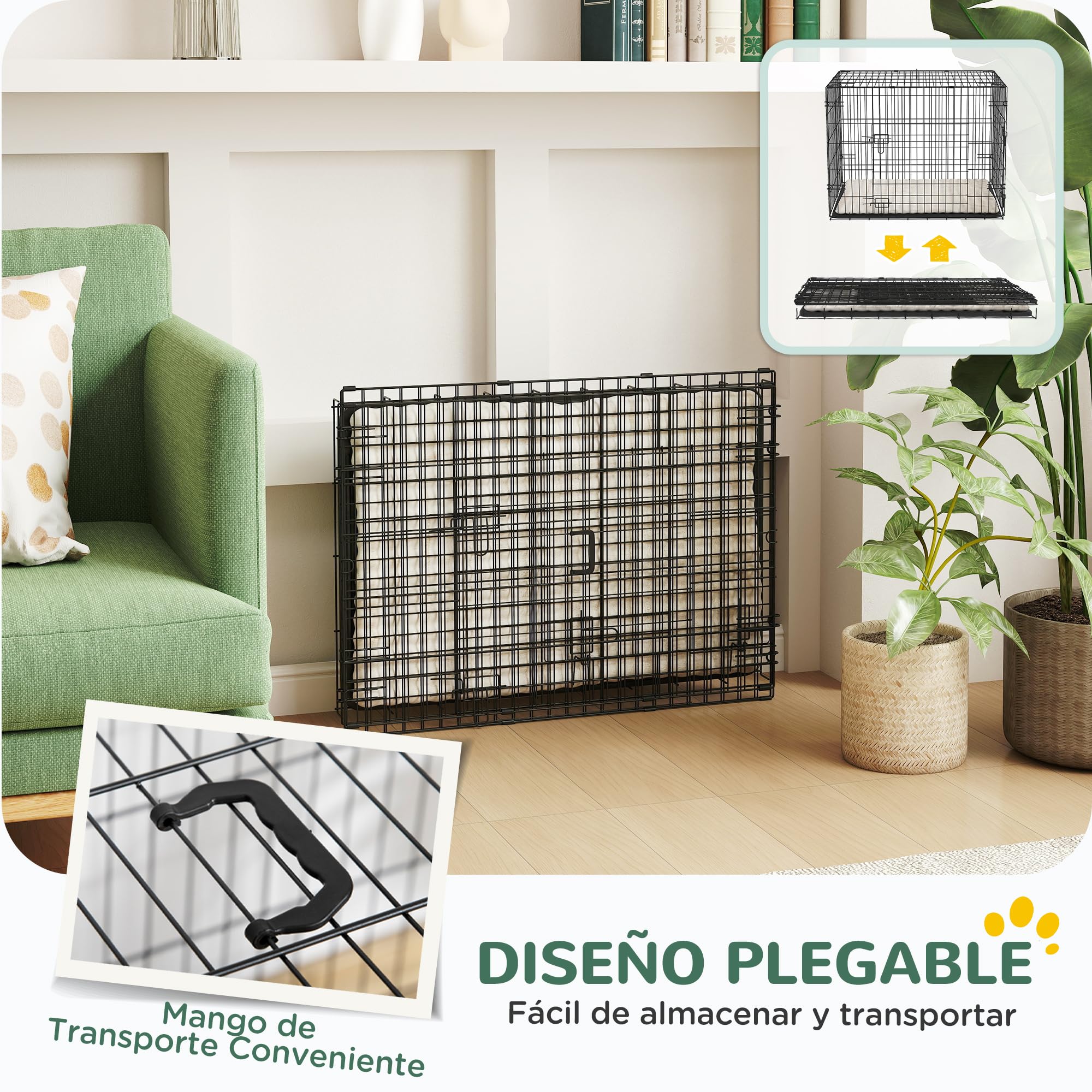 PawHut Jaula para Perros Plegable, Jaula para Perros Pequeños con Cojín, 2 Puertas, Bandeja Extraíble y Marco de Alambre Metálico, 75x48,5x53 cm, Negro y Beige