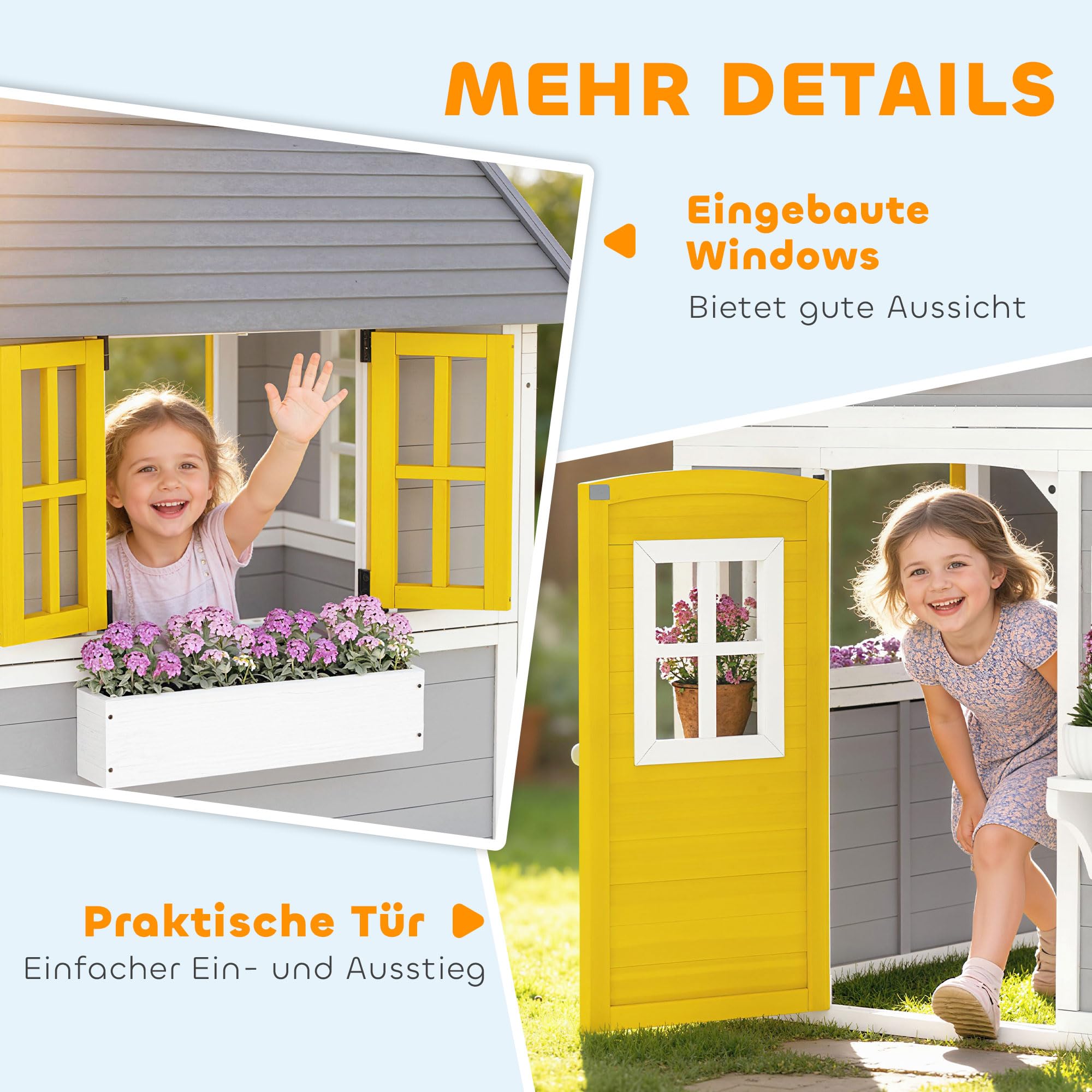 Outsunny Spielhaus Kinderspielhaus aus Holz mit Tür 6 Fenster 2 Blumenkästen Wetterfestes Gartenhaus für Kinder 3-8 Jahre Grau