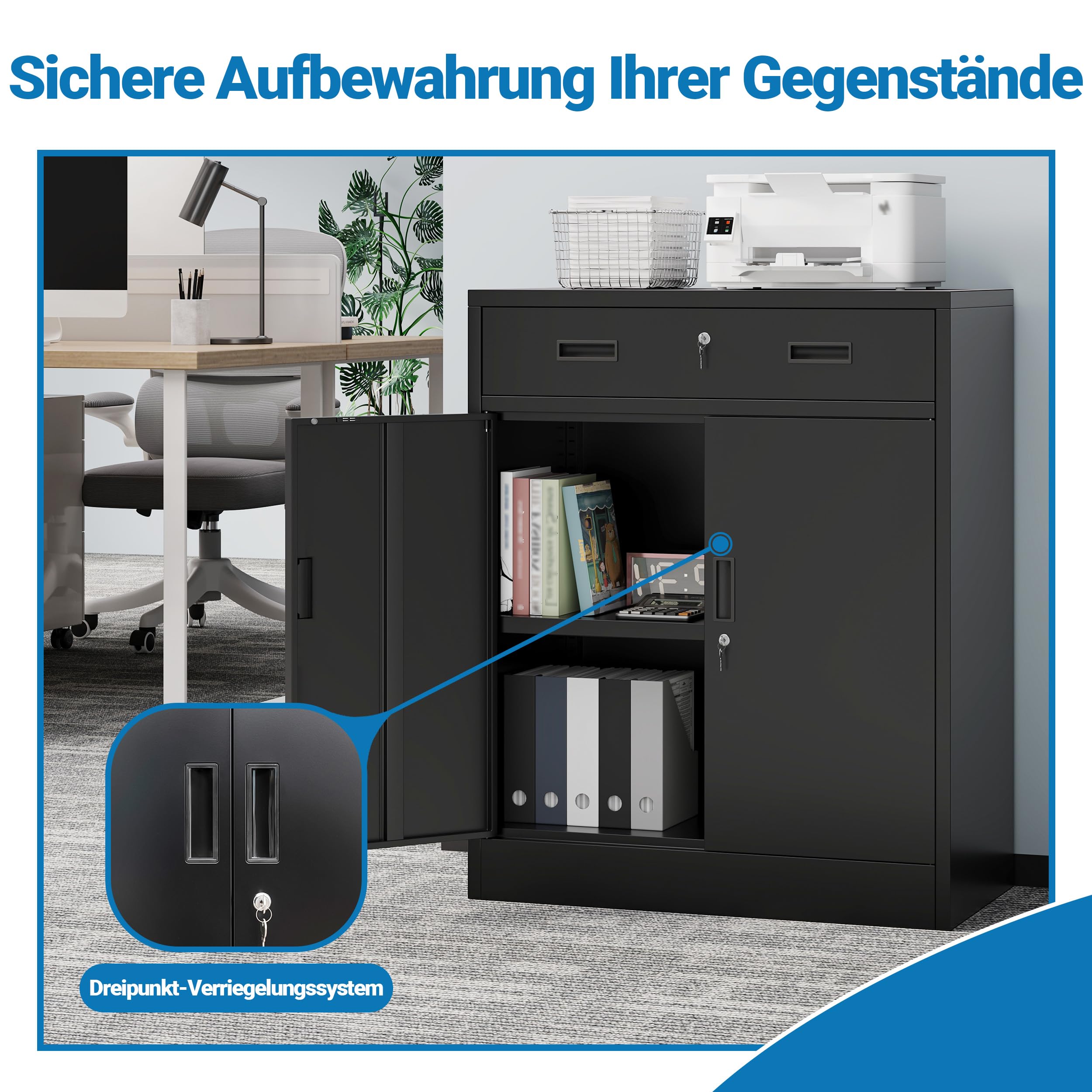 Aktenschrank, Mehrzweckschrank,Büroschrank mit abschließbarem Schubfach und 1 höhenverstellbaren Einlegeboden, Aufbewahrungsschrank aus Stahl, Werkzeugschrank für Garage, Büro(90*80*40,Schwarz)