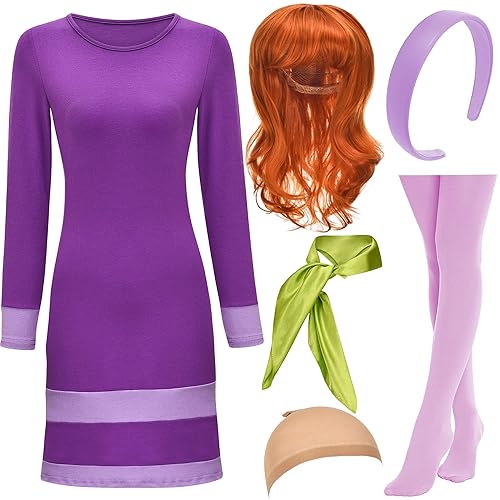 HMPRT Halloween Deluxe Adult Costume for Women,Purple Mini DressWigs,Scarf Headband,Thigh High Socks and Wig Cap - Medium - Purple