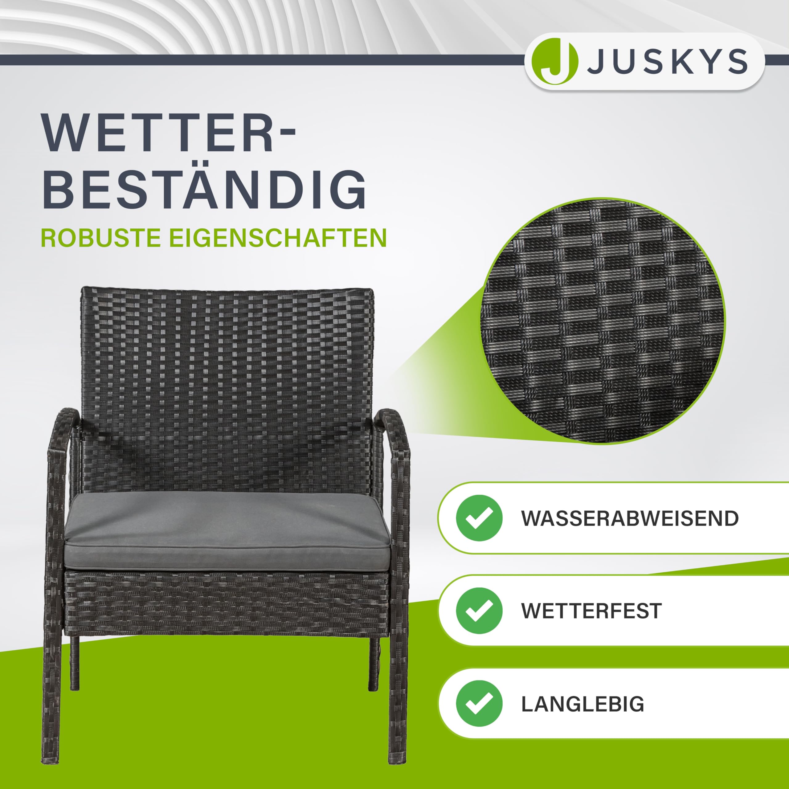 Juskys Polyrattan Gartenmöbel Set Trinidad mit Tisch, Sofa & 2 Stühlen - 4 Personen - Sitzkissen grau - Balkonmöbel Sitzgruppe Balkonset Garten Balkon
