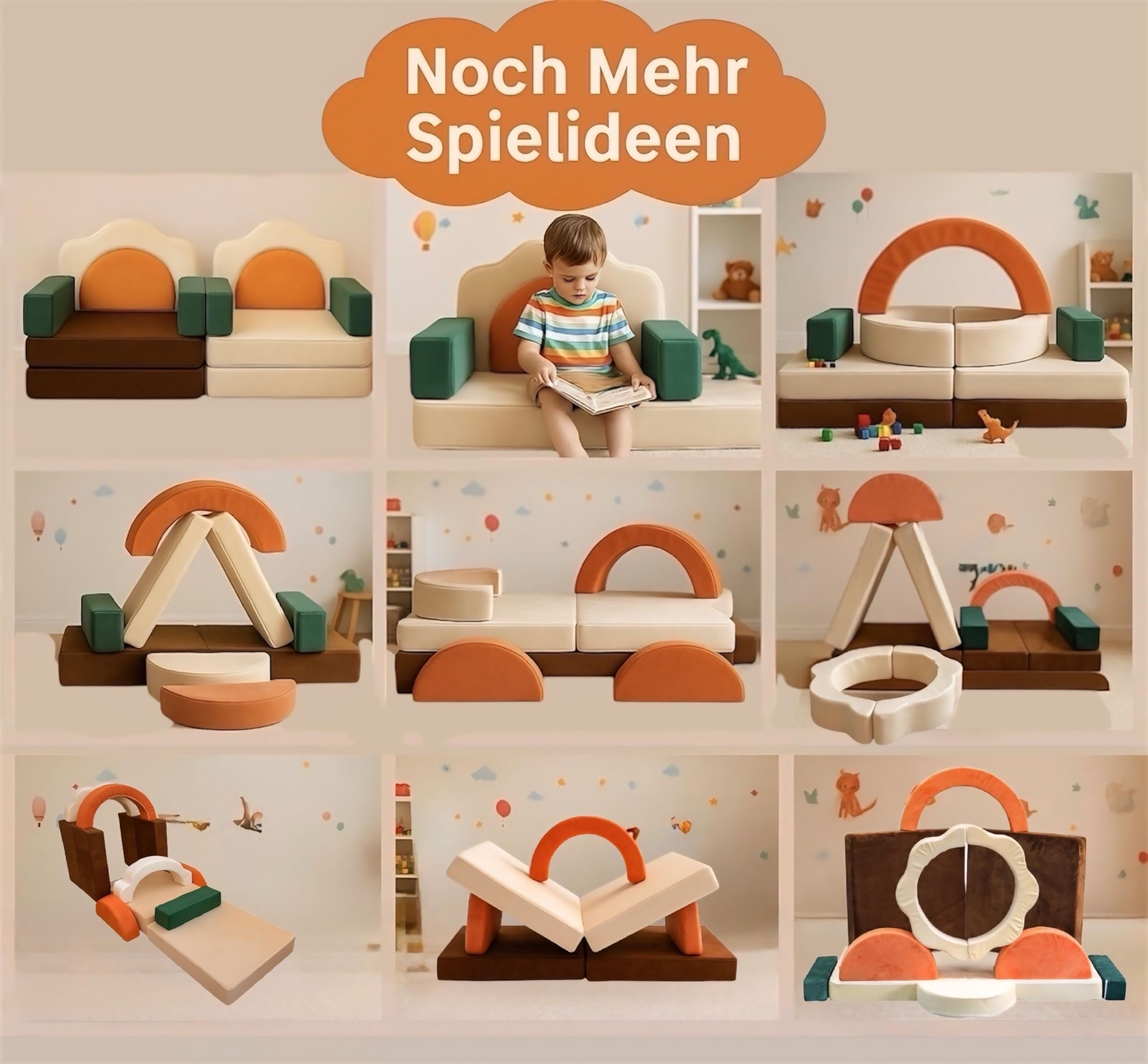 11-teiliges Kindersofa klappbar – Spielsofa modular ab 1 Jahr | Montessori Sofa in Grün & Orange | Bodensofa & Schlafsessel für Kinder