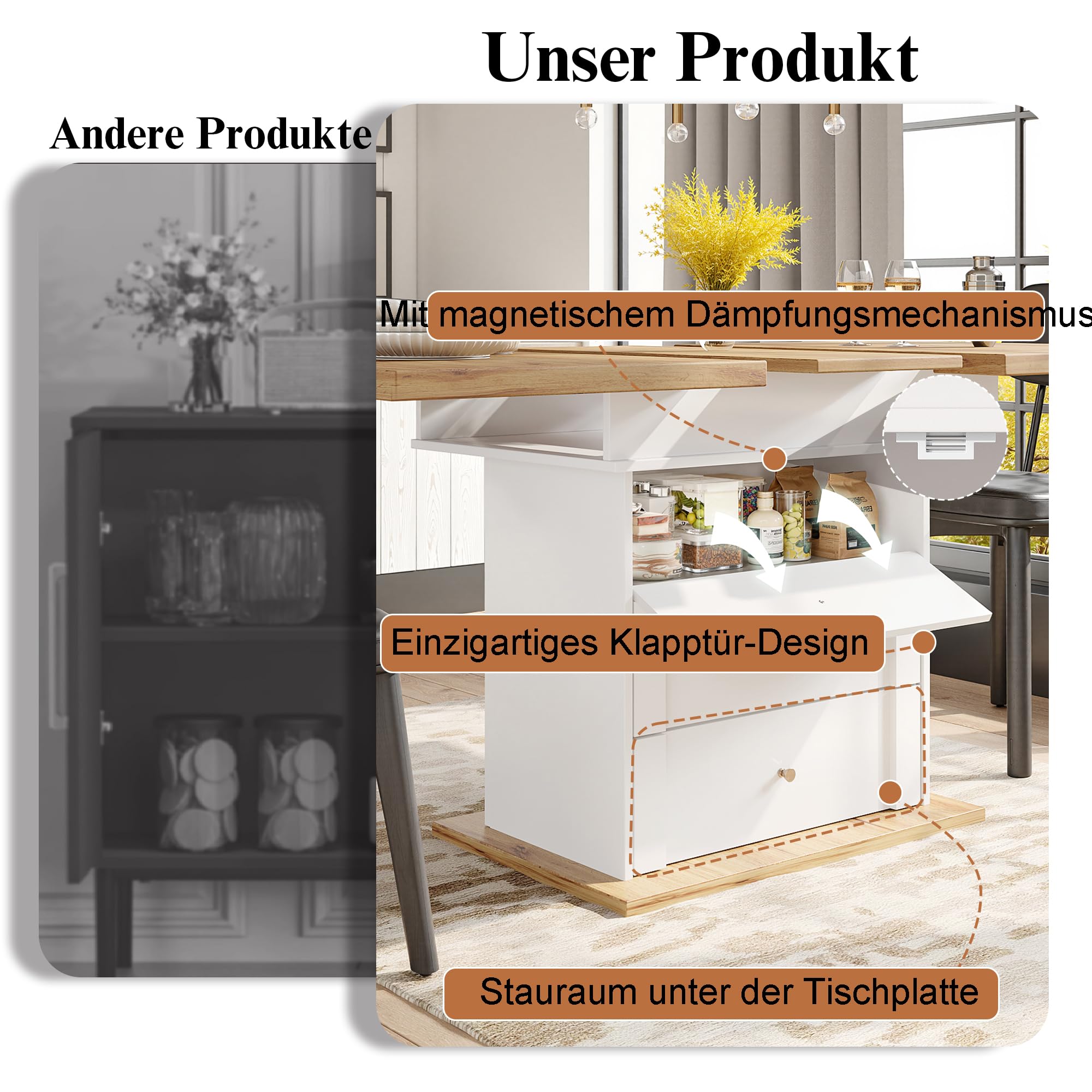 Merax Esstisch Ausziehbar, Esszimmertisch Küchentisch mit ausziehbare Tischplatte, Schubladen und Klapptüren, Säulentisch rechteckig, Teleskoptisch für 4-6 Personen, 110-140x80 cm, Holzoptik & Weiß