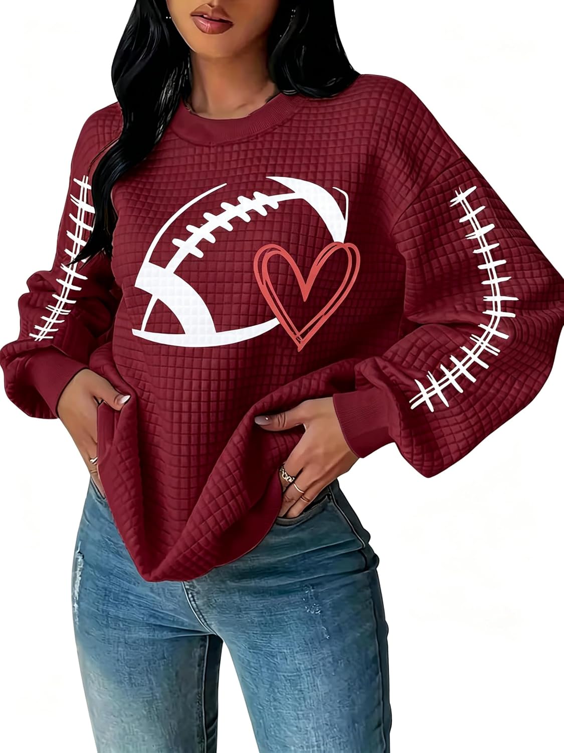 VILOVE Game Day Sweatshirt Women: Funny Football Heart Graphic Sweatshirt Waffle Knit Long Sleeve Gameday Fans Pullover Tops