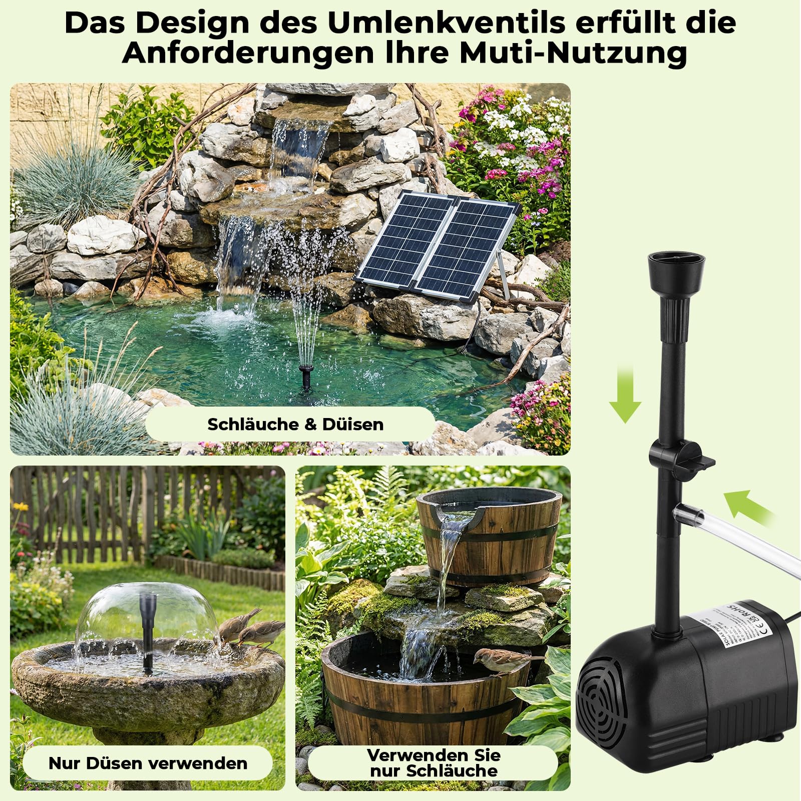 Clevich 20W Solar Springbrunnen für Außen, 230L/H Maximale180cm Höhe Teichpumpe Solar mit 4+4 Düsen & 2 Ersatzfilter, 1.5M Wasserleitung 5M Kabel DIY Mittelgroße Gartenteiche (5-10㎡),Vogelbad Brunnen