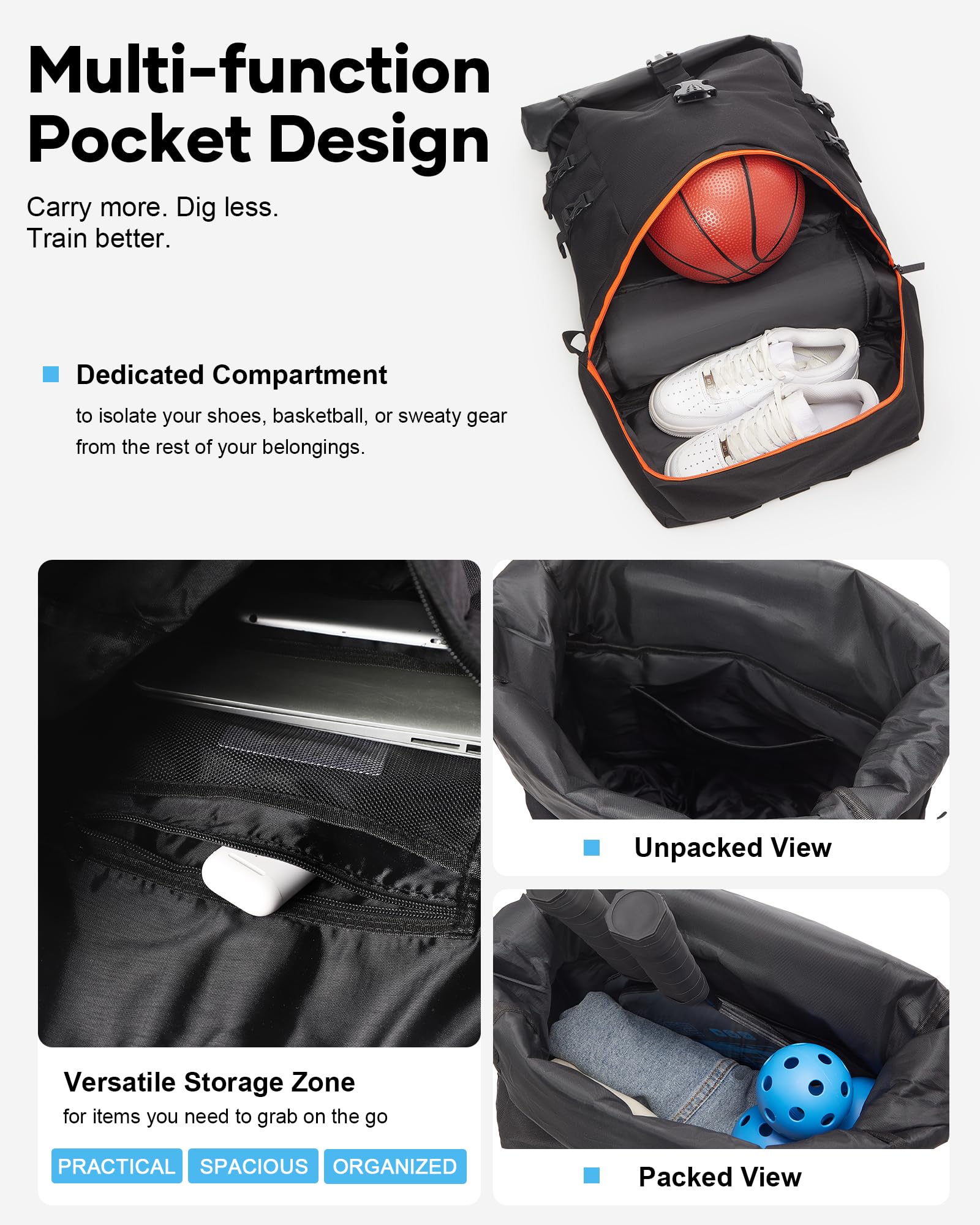 Zaino Sportivo Impermeabile 3 in 1 Uomo Donna con Scomparto Scarpe | Borsa Viaggio e Palestra, Leggero, Antipioggia. Perfetto per Pickleball, Padel, Tennis, Basket, Pallavolo, Calcio