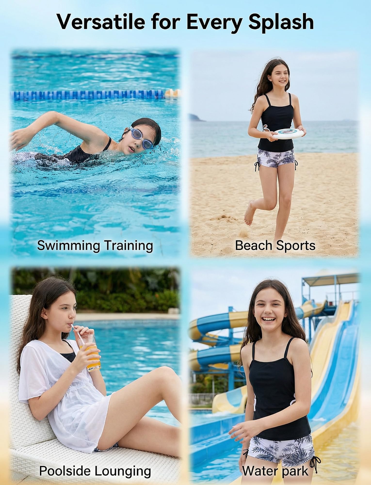 SEAUR Traje de baño tankini de 2 piezas para niñas, recortado, floral, traje de baño para niñas, traje de baño acolchado con pantalones cortos, verano 9-16 años