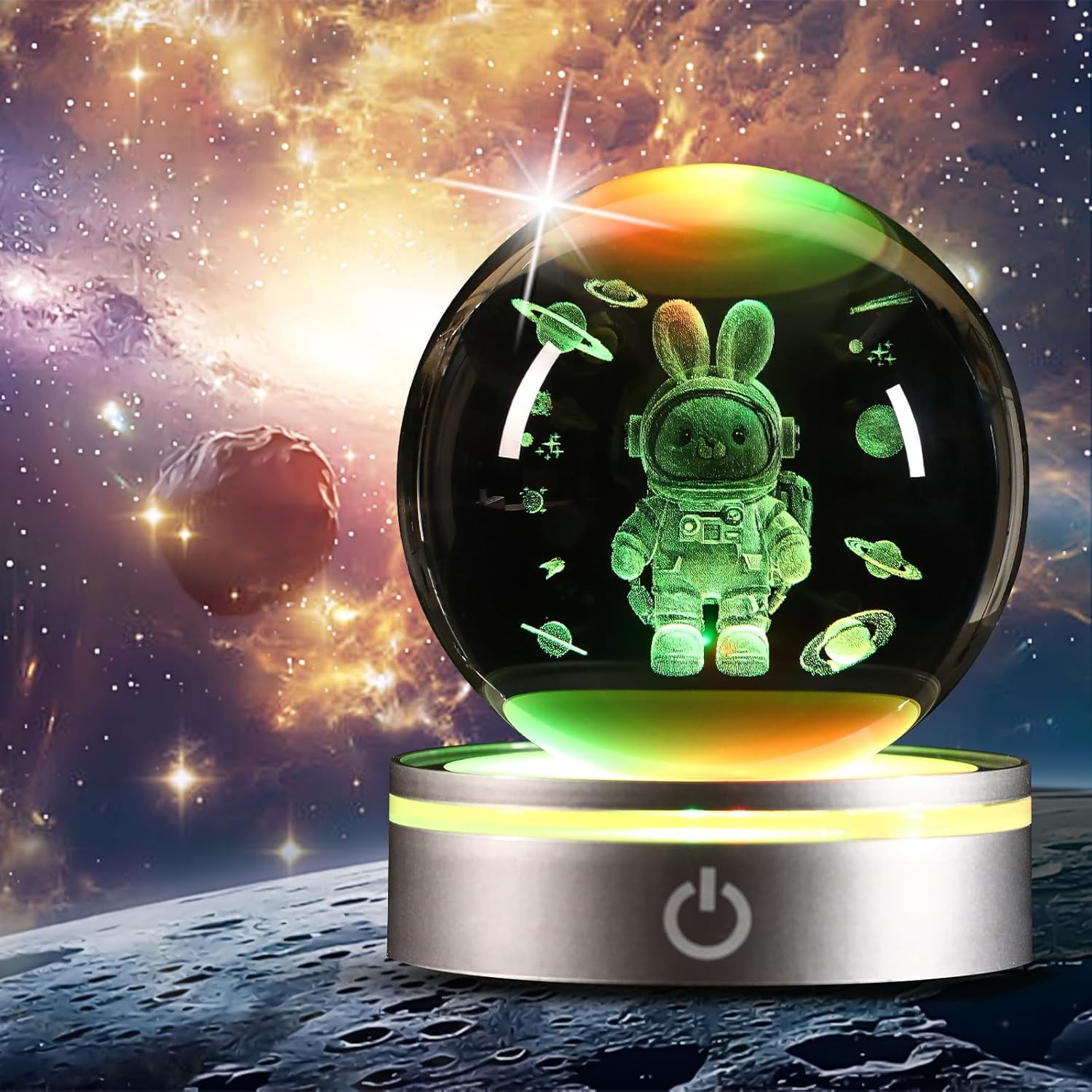 Space Bunny 3D Crystal Ball Night Light Gifts for Kids, Ideal Birthday Gift, Easter Bunny Decor Desk Astronaut Toys Crystal Ball Lamp