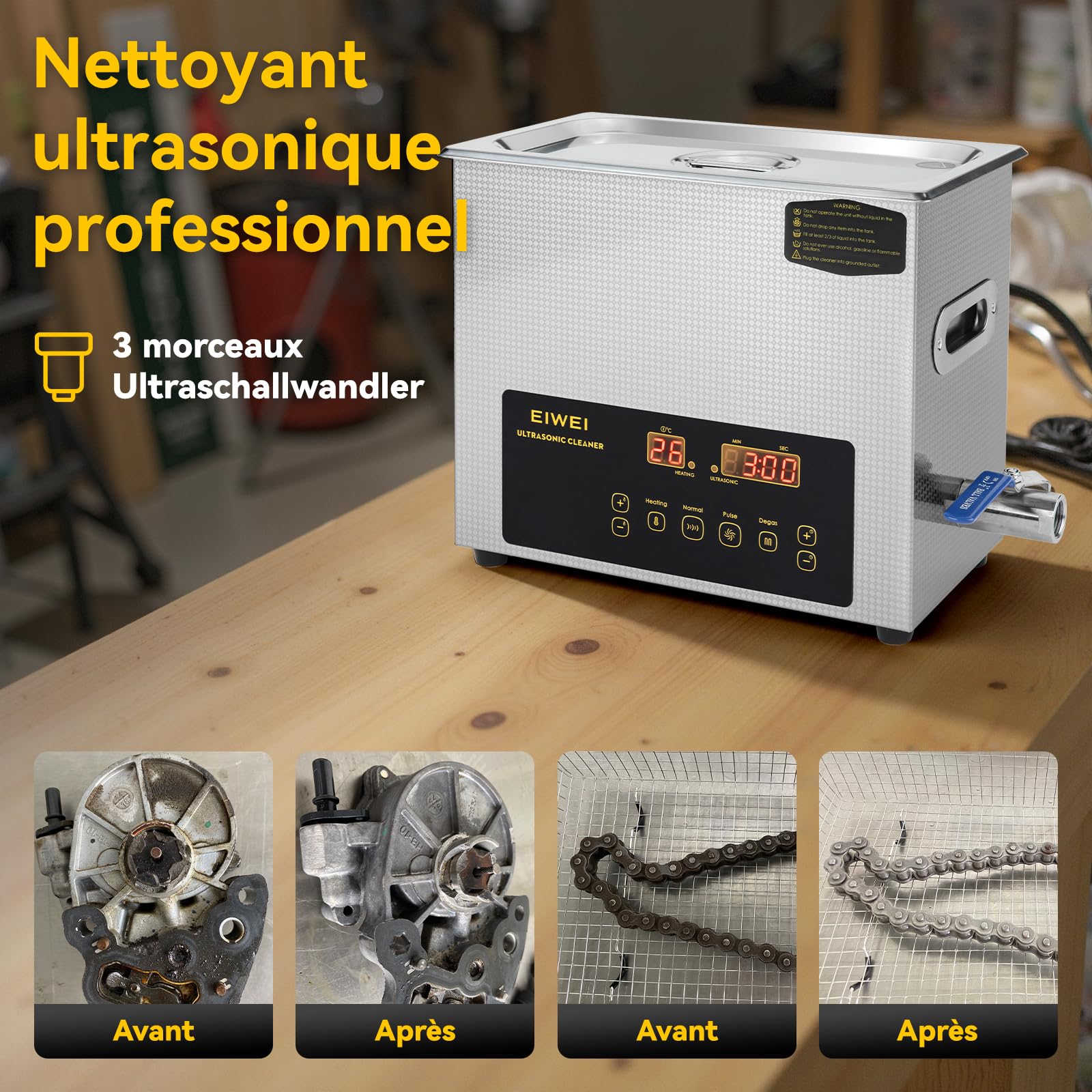 Limpiador ultrasónico 6L, Limpieza ultrasónica 180 W 40 kHz con calefacción, temporizador y desgasificación, ideal para carburadores, piezas, joyas, gafas, circuitos impresos