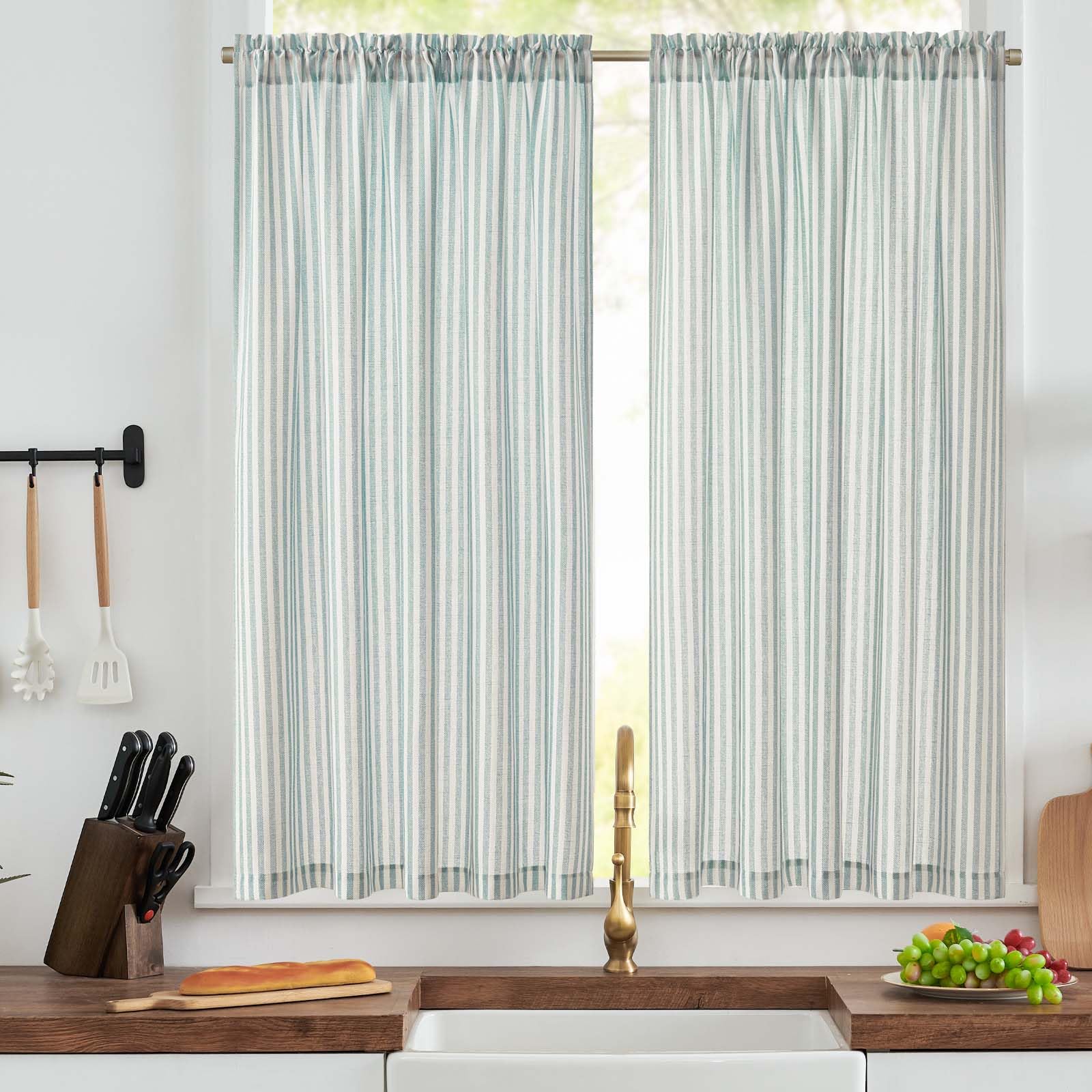 TOPICK Striped Kitchen Curtains, Cafe Curtains, Light Blue W50xL54, 2 PCS