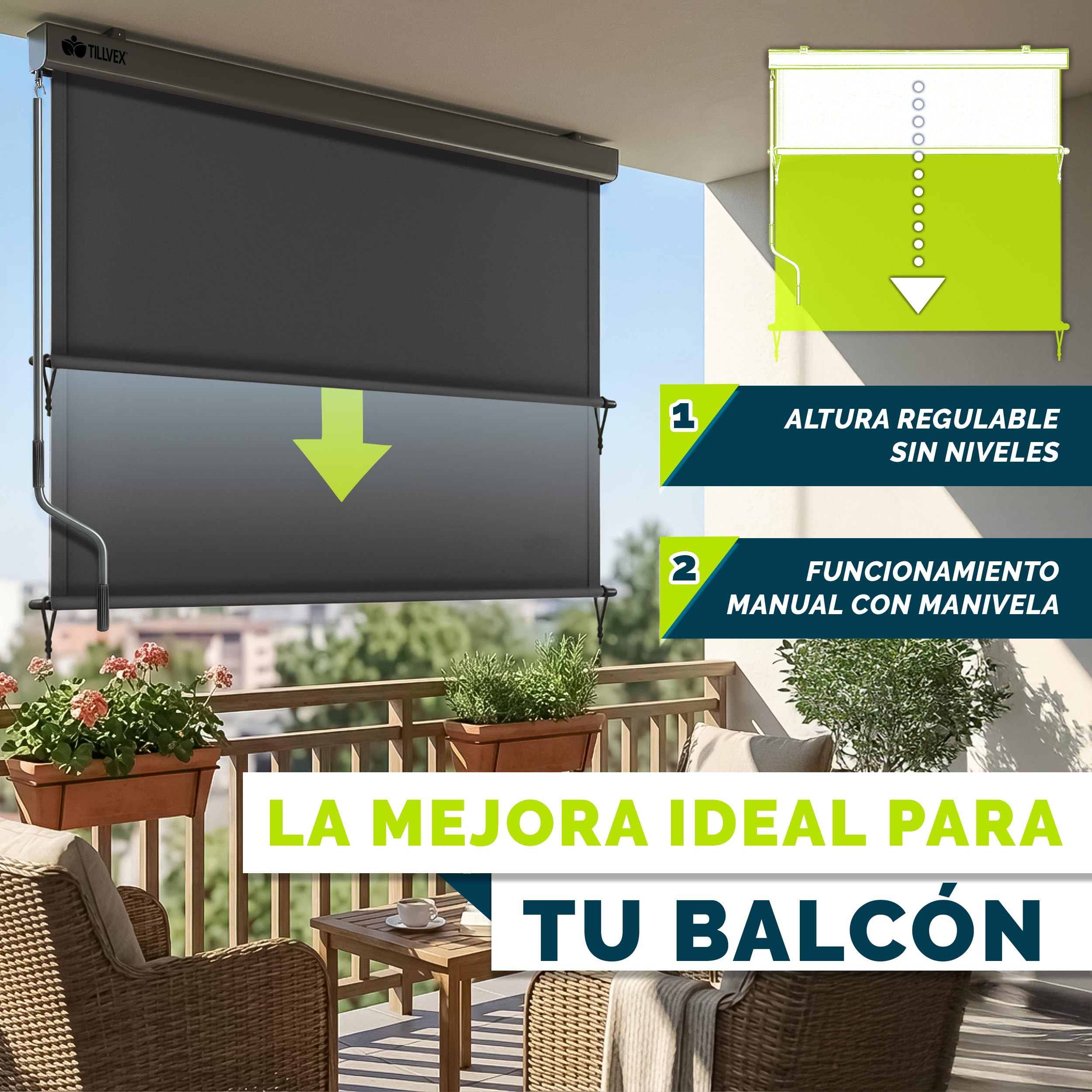 tillvex® Toldo Vertical de 200 x 250 cm para Exterior e Interior con Cubierta | Resistente al Agua con manivela para balcón, terraza y jardín | Estor para balcón, protección Solar de Aluminio