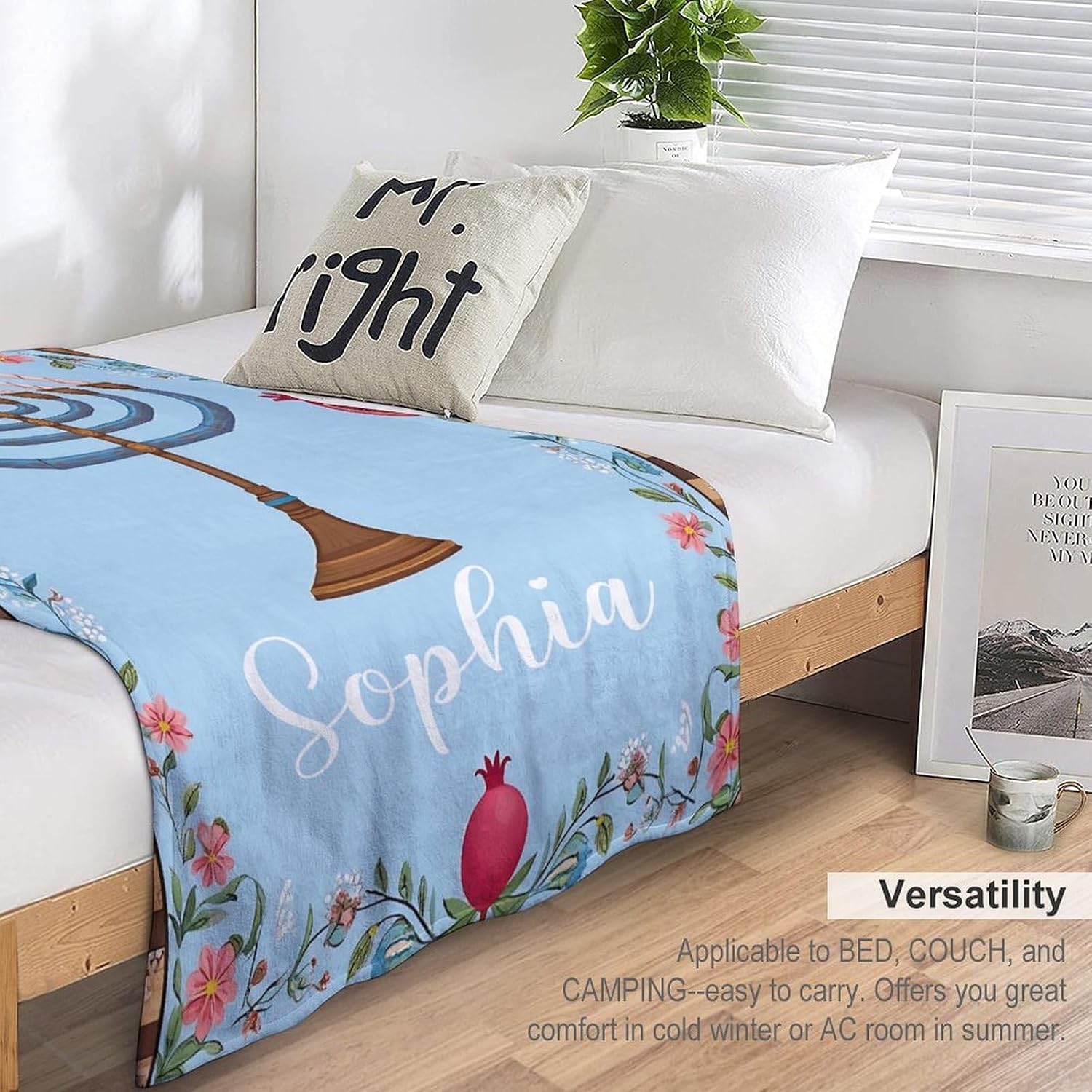 Personalized Flowers Hanukkah Star Blankets, Custom Name Swaddle Blankets, Pet Blankets, Unisex Sofa and Car Blankets for Adults, Youth, Friends, 50x60 in