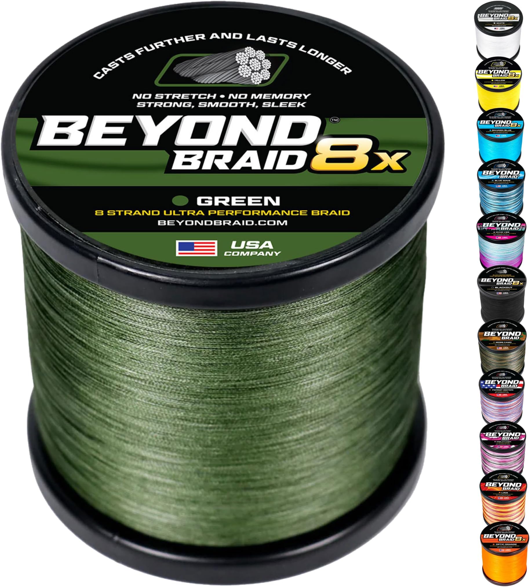 Beyond Braid Braided Fishing Line -Super Strong - Abrasion Resistant - No Stretch -Blue Camo, Moss Camo, White, Green, Pink, Blue, 4 Strand 8 Strand