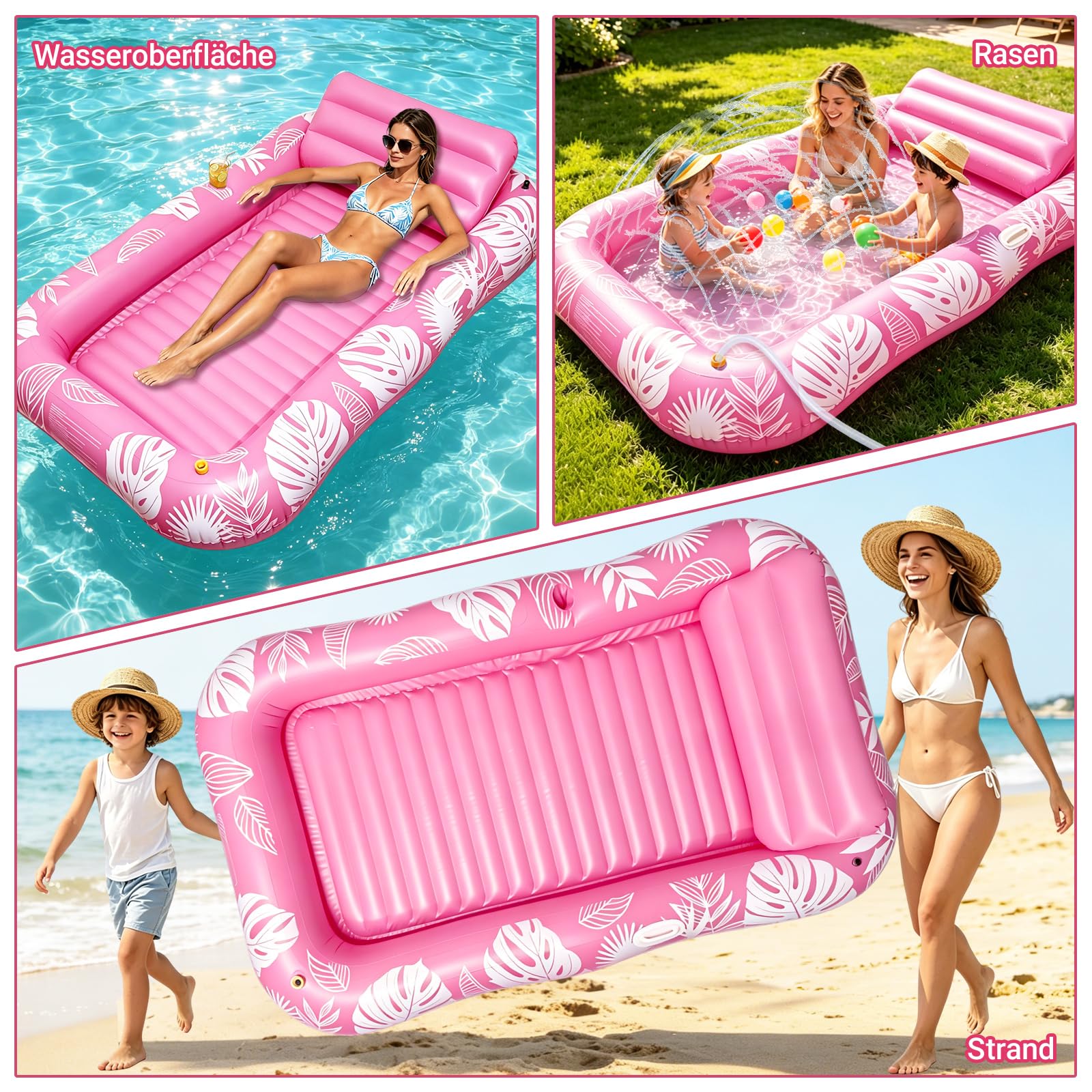 Tanning Pool mit Eingebautem Sprinkler, Luftmatratze Schwimminsel mit Getränkehalter, Griff und Rückenlehne, Amphibisch Luftmatratze Wasser Erwachsene Geeignet für Schwimmbäder, Strände, Gärten