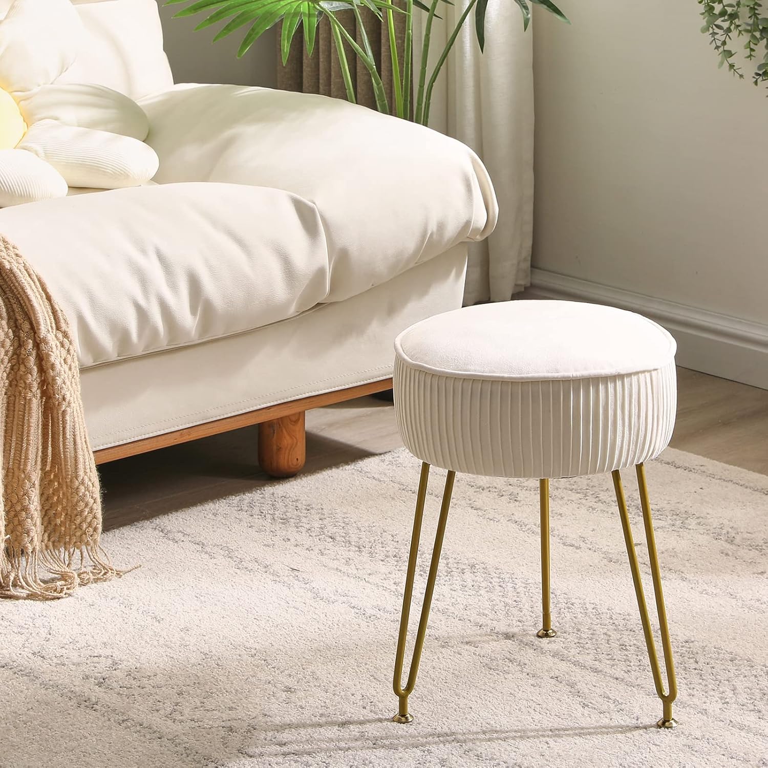 IBUYKE Velvet Round Footrest Stool Ottoman, Makeup Vanity Stool Side Table, Velvet Dressing Table Seat, Pouf Couch Stool, Golden Steel Legs, Creamy-White LG-30M - Image 8