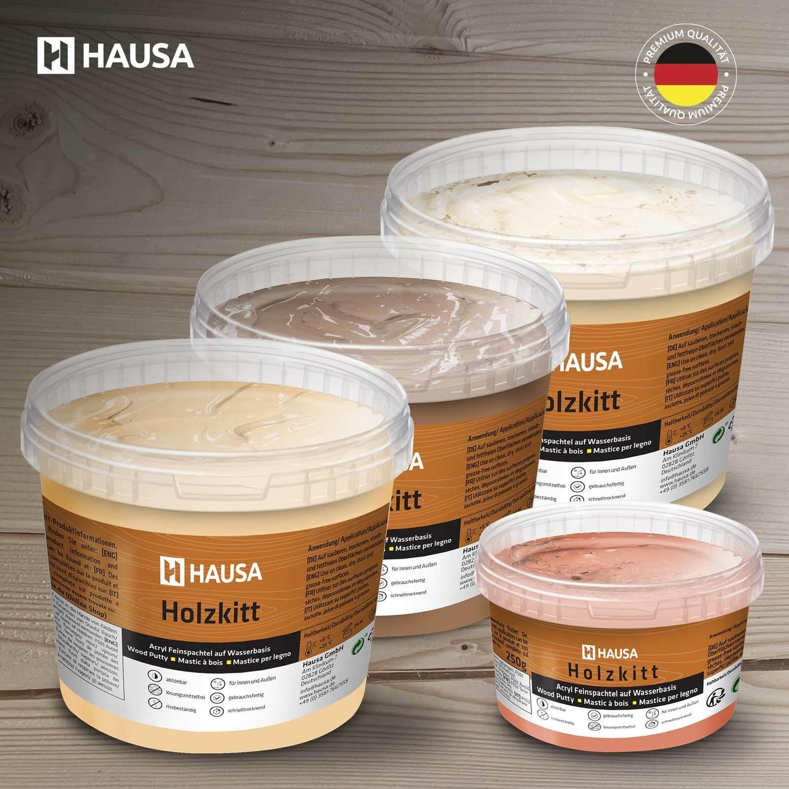 HAUSA Stucco per legno 250 g, stucco per legno di abete, kit per legno, stucco/impasto per legno per riparare danni al legno, pronto all'uso, eccellente potere riempitivo, asciugatura rapida