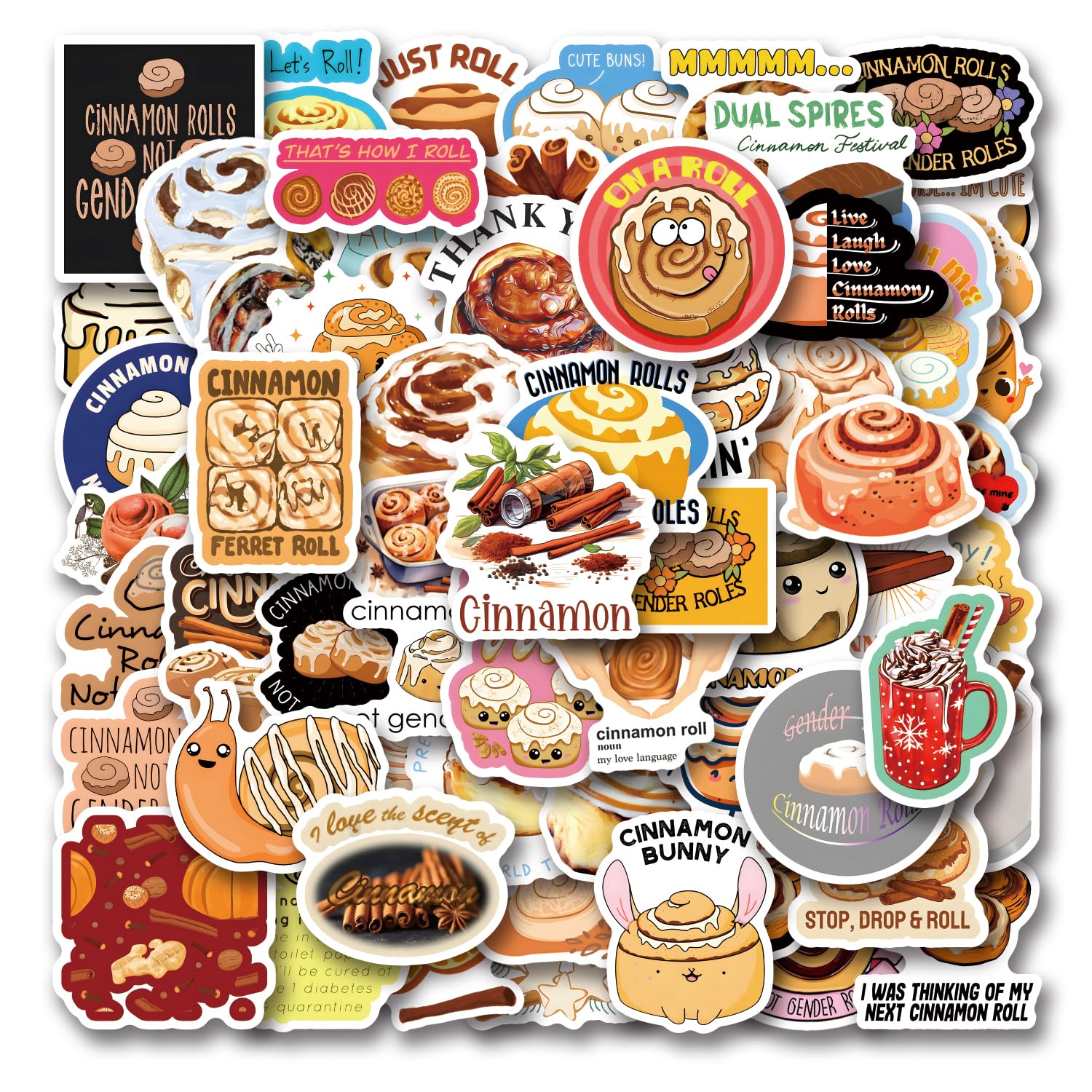 64pcs Cinnamon Roll Kawaii Food Stickers Vinyl Waterproof Aesthetic Vintage Cartoon Decals Stickers for Laptop Water Bottles Skateboard Book Scrapbook Luggage Decals for Adults, Teens, Kids