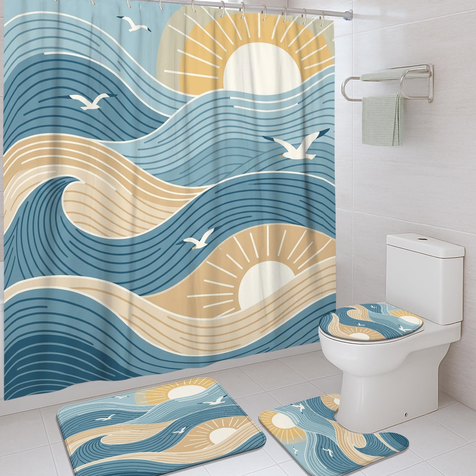 Rideau de douche tissu imperméable oiseaux côtiers et tapis de bain assorti 183 x 183