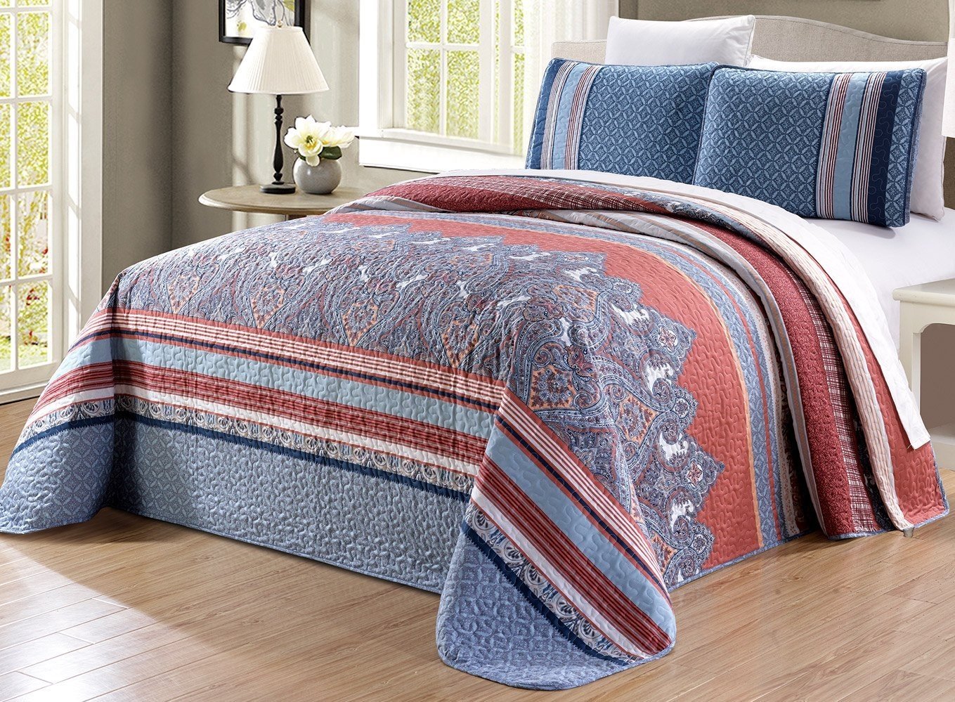 3-Piece Oversize (100" X 95") Fine Printed Prewashed Reversible Bedspread Coverlet Set Full/Queen Size Bed Cover (Blue, Navy, White, Coral, Brown)