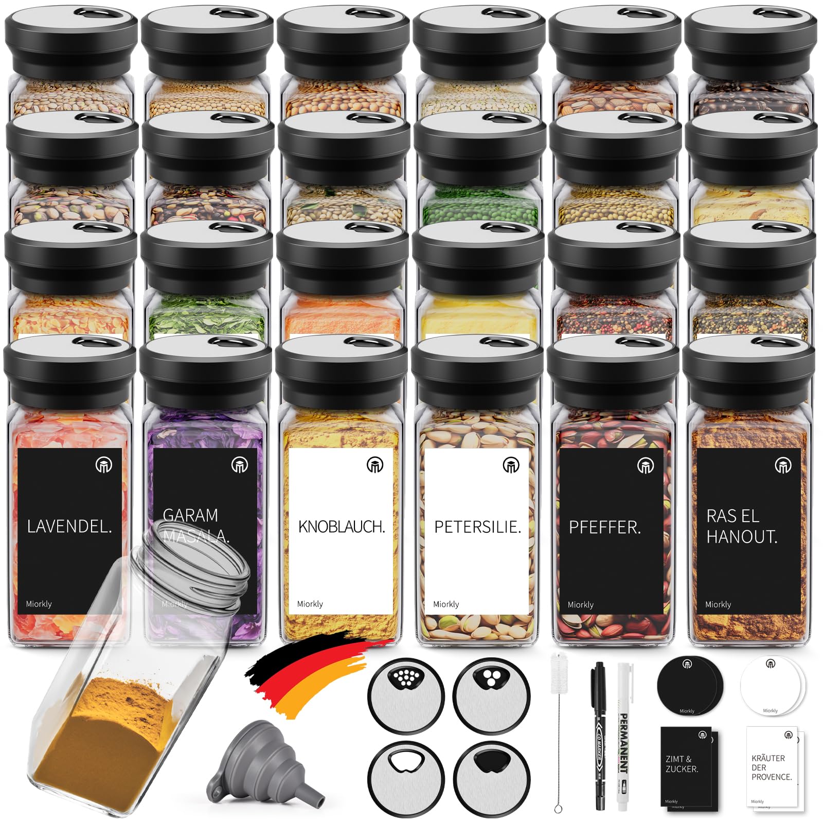 Lot de 24 pots à épices carrés - 120 ml - Avec insert à saupoudrer - Avec couvercle rotatif rond - Joint solide - Organiseur à épices en acier inoxydable avec entonnoir, étiquette et stylo