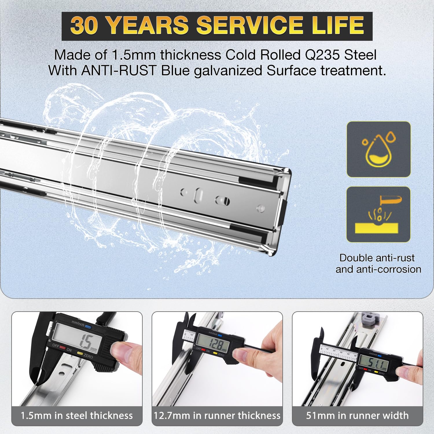 Heavy Duty Drawer Runners Slides Full Extension 300 350 400 450 500 550 650 700 800 850 900 950 400mm Ball Bearing Rails Track Guide Glides 68kg 1pair (Without Lock - Image 4