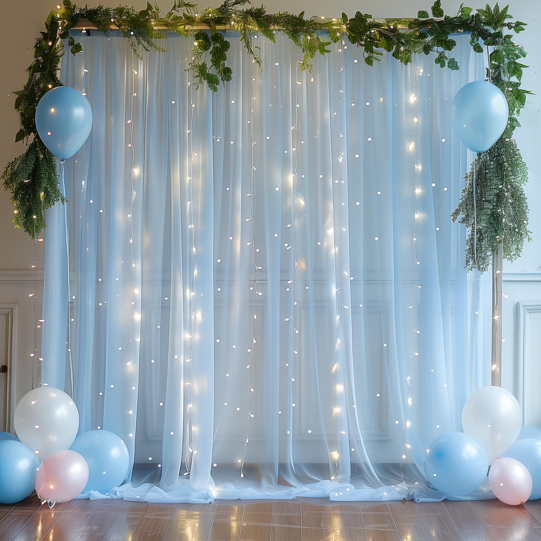 10x10ft Baby Blue Tulle Backdrop Curtain with Lights String for Parites, Sheer Backdrop Curtains for Wedding Baby Shower Birthday Party Photo Shoot Decorations