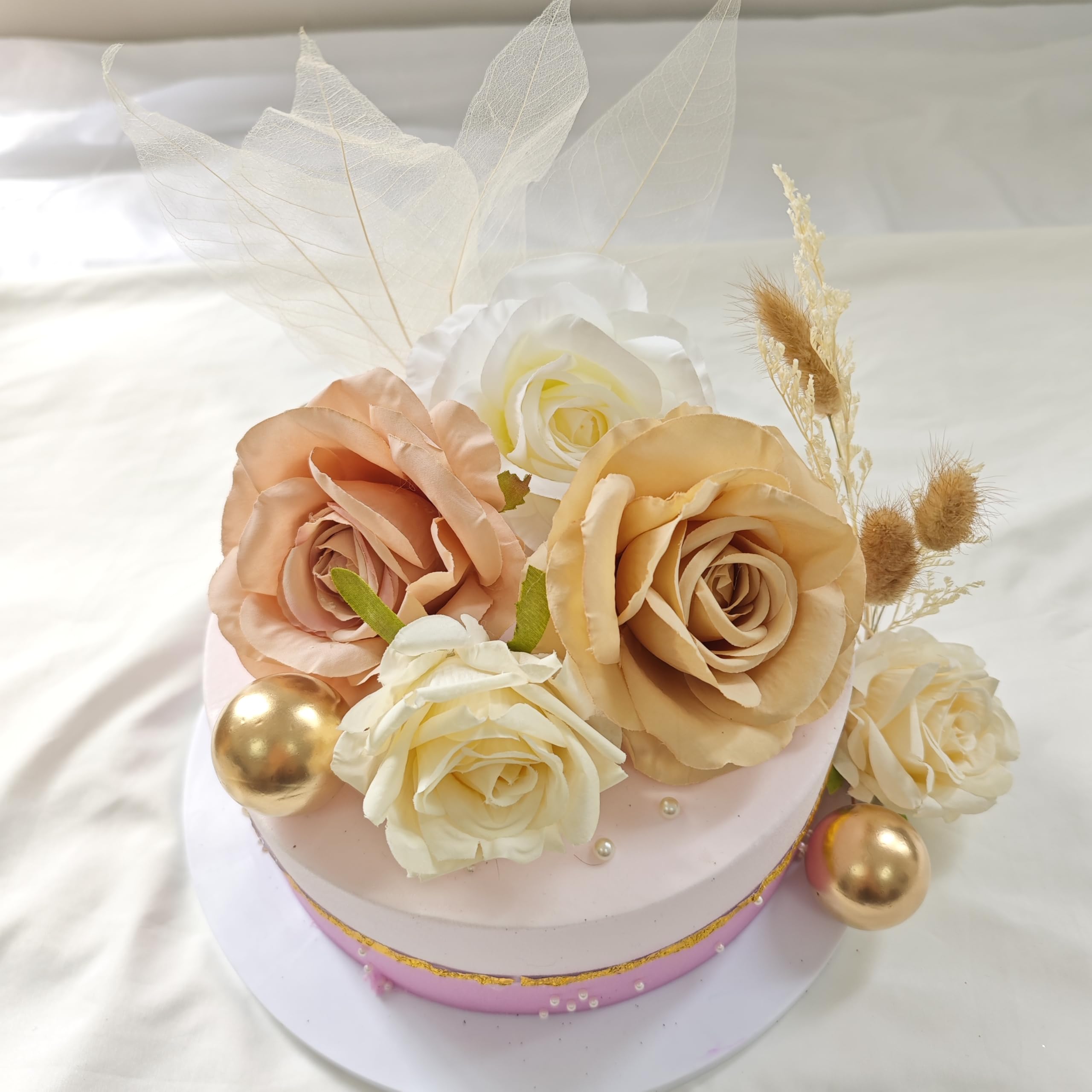 35 Pezzi Boho Decorazioni Torta,Fiori Finta Cake Toppers per Torta Compleanno,Palline Dorate Topper per Compleanni e Matrimoni, Decorazione Fiori Artificiali Rosa Oro Ragazza Donna per Torte