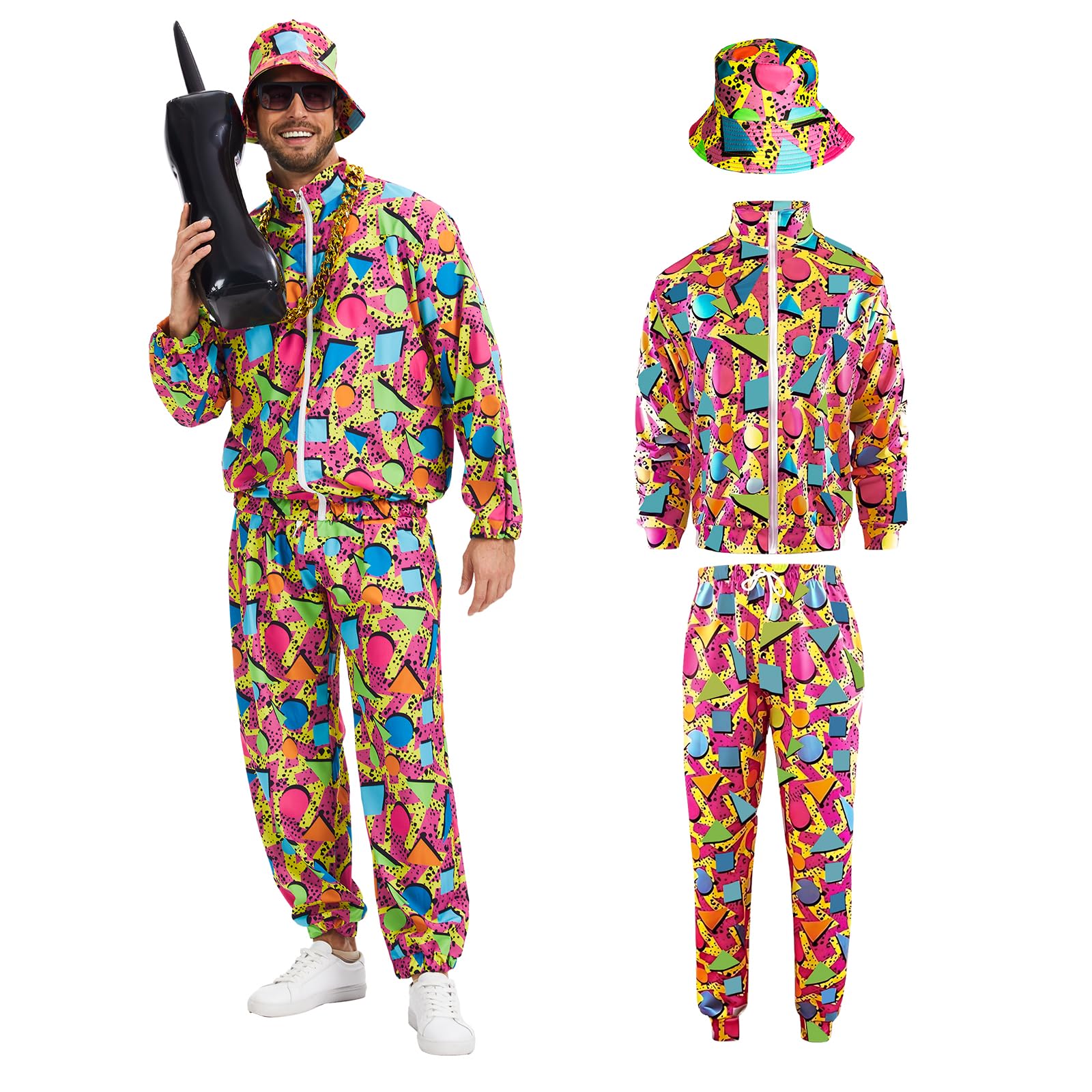 Tuta da uomo anni '80 e '90, stile hip hop, stile anni '80, tuta sportiva con giacca, pantaloni e berretto, adatta per Halloween e carnevale