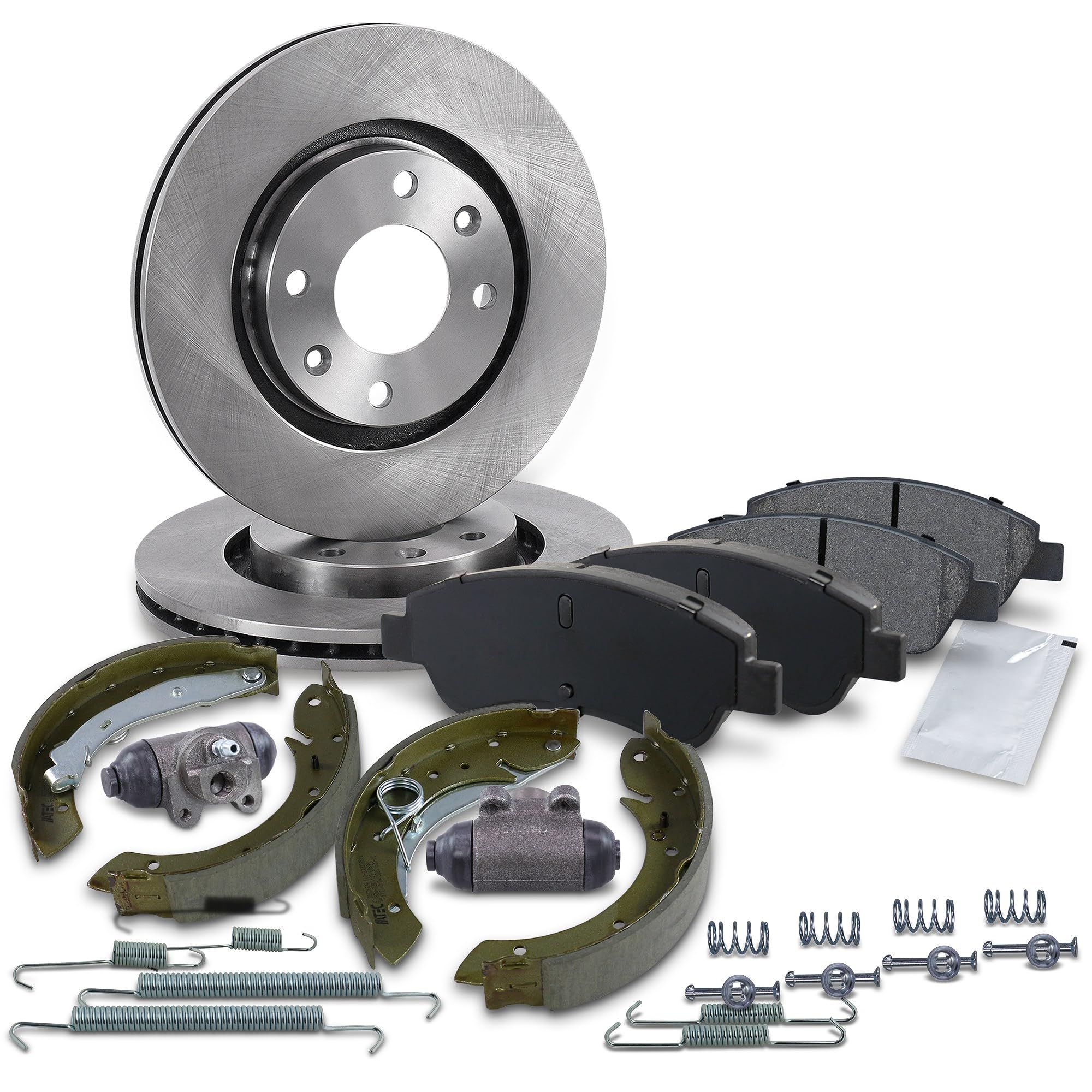 BESTPRICE Set freni incl. dischi freno anteriori Ø 266 mm ventilati + pastiglie freno anteriori e ganasce freno posteriori + cilindretti freno ruota