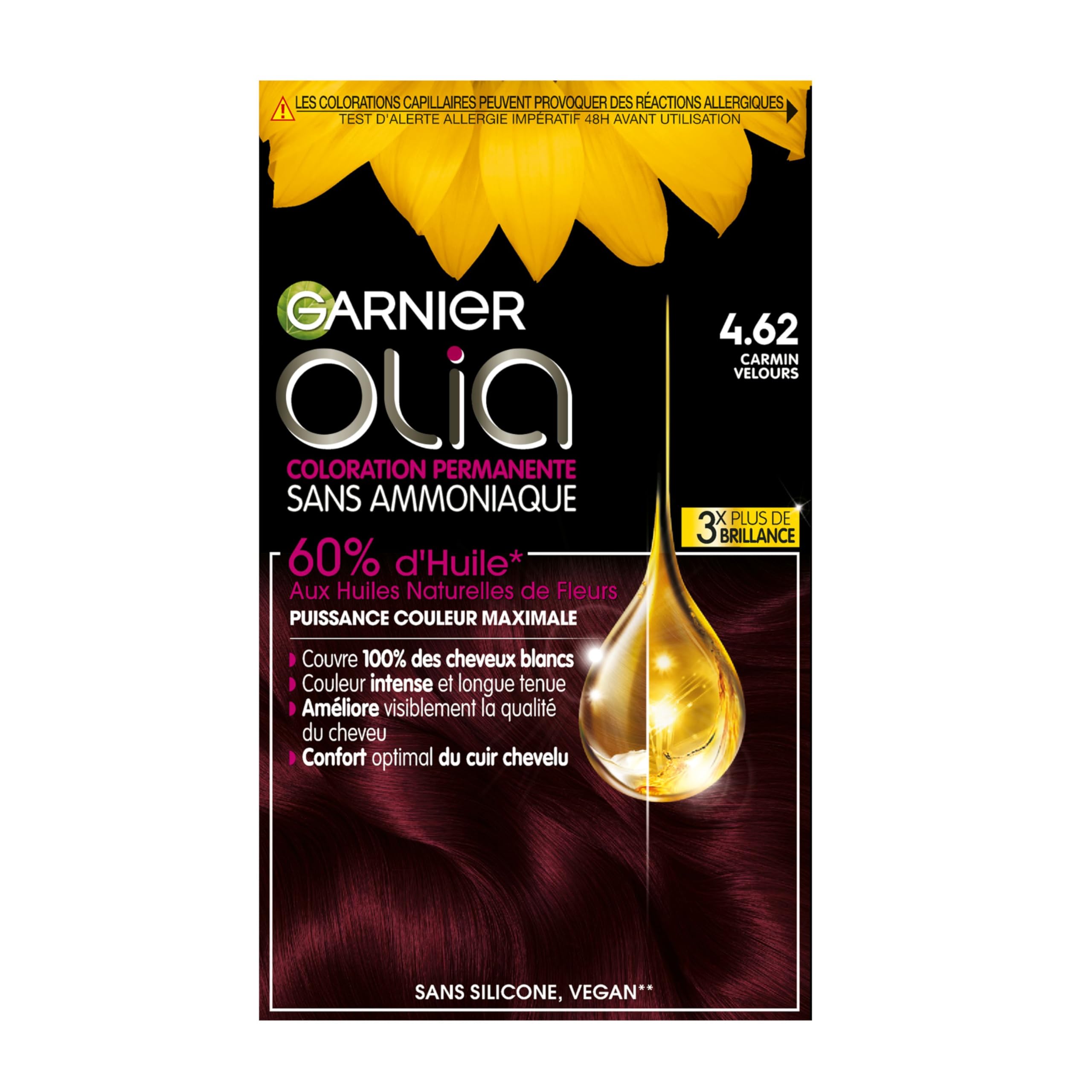 Garnier - Olia - Coloration Permanente à l’Huile Sans Ammoniaque Carmin - 4.62 Carmin Velours, El embalaje puede variar