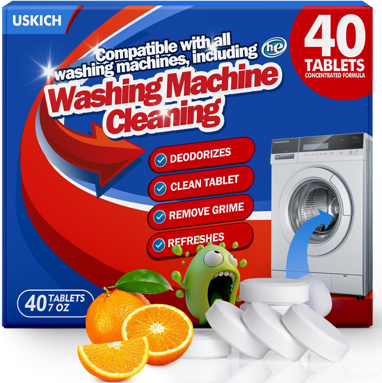 USKICH 40 Pack Washing Machine Cleaner Tablets,Deep Cleaning Descaler For HE Front Loader & Top Load Washer,Washer Machine Cleaning Tablets Clean Inside Drum and Laundry Tub Seal,Septic Safe
