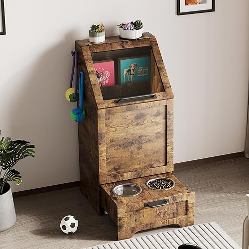 35''H Pet Food Cabinet Flip Top Dog Food Storage Cabinet,Dog Feeding Station with 2 Elevated Dog Bowls, Large Pet Toy Storage Organizer,Rustic Brown