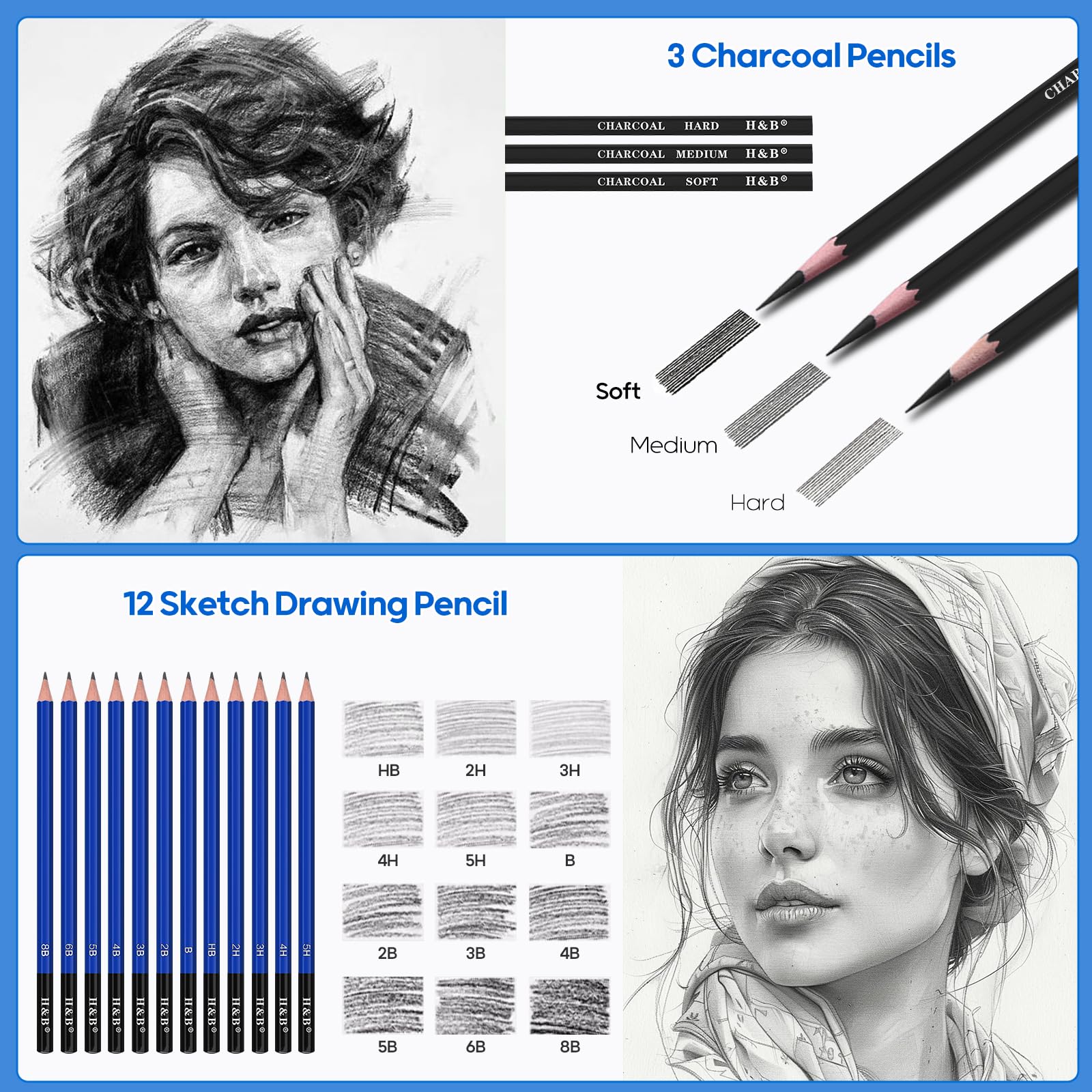 Coolzon Crayons de Dessin, 95 pcs Artiste Set Malette Dessin avec Crayons à Croquis/Fusain/Graphite, Gomme Couteau Extenseur dans un étui