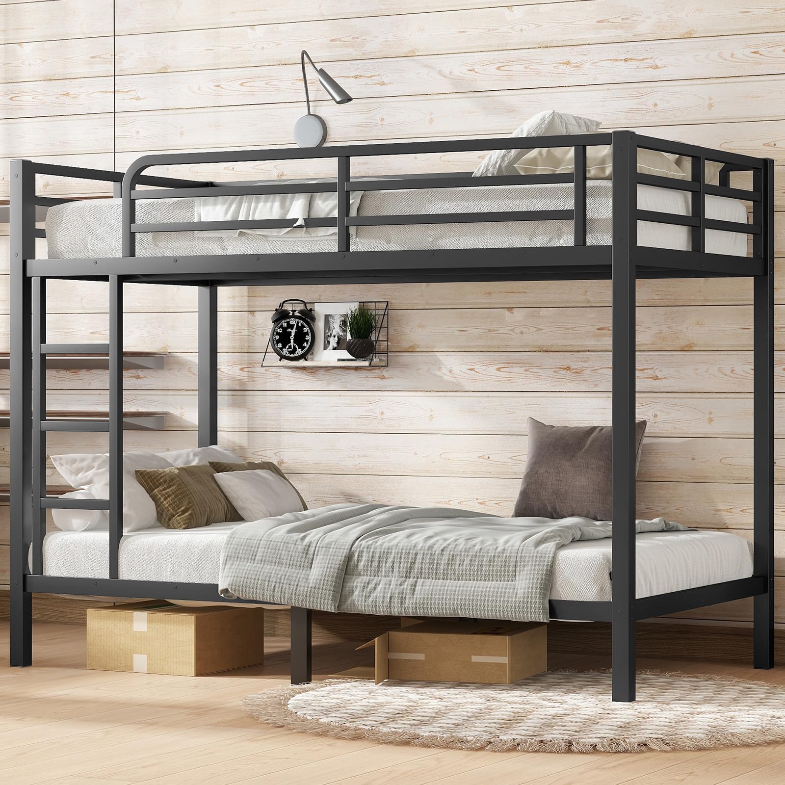 Twin XL Over Twin XL Bunk Bed,Heavy Duty Metal Bunk Bed Frame for Adults,2 Side Ladder,Guardrail,Space-Saving,Noise Reduced,No Box Spring Needed,Black (Twin XL Over Twin XL)