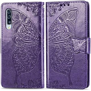GYHOYA Compatible with Samsung Galaxy A50 Wallet Case for Women, Leather Flip Folio with Kickstand Magnetic and Card Holder Protective Case for Samsung Galaxy A50 Butterfly Purple SD