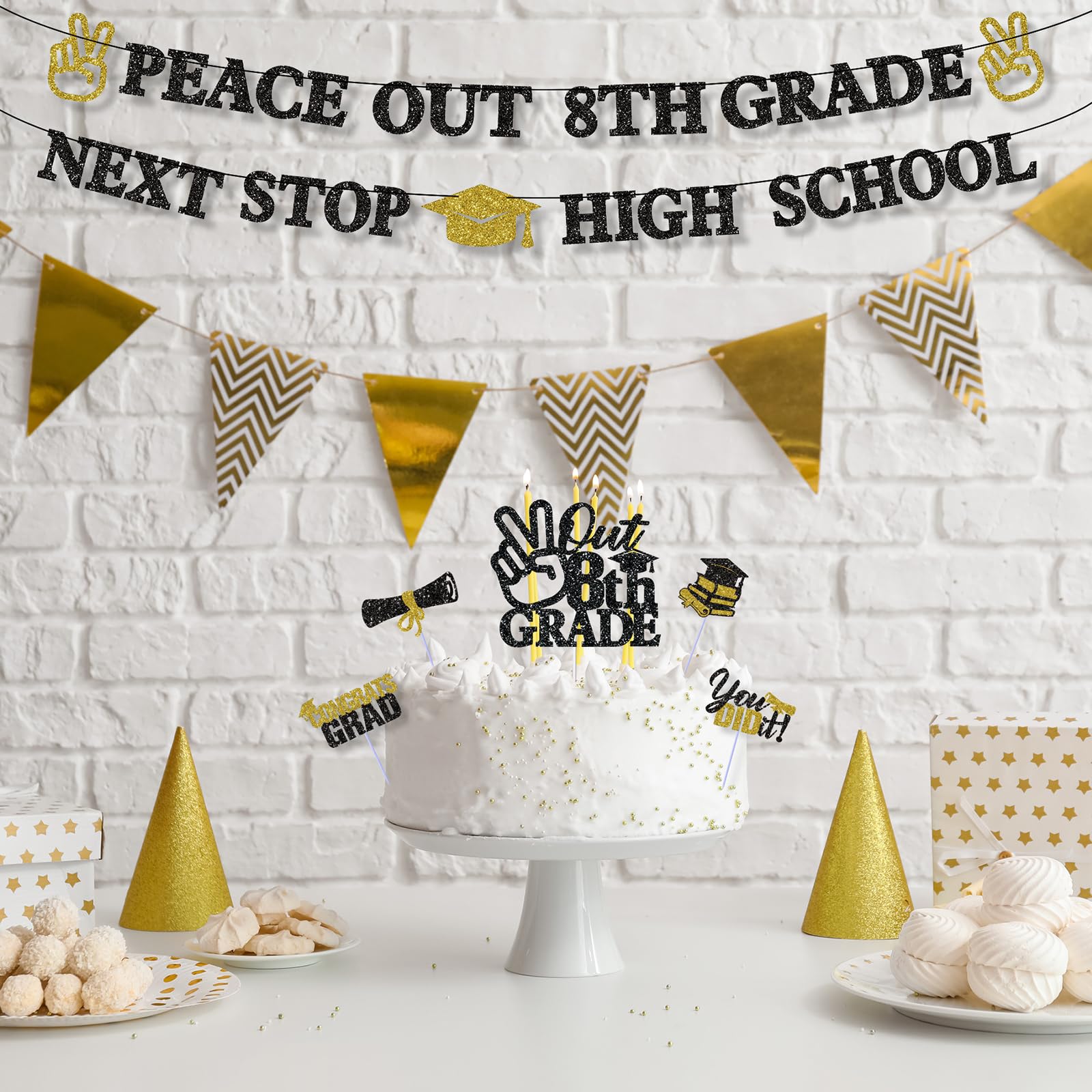 Peace Out 8th Grade Banner – Roségold Glitzer, Fertig Montiert, Für Abschlussfeier 2025