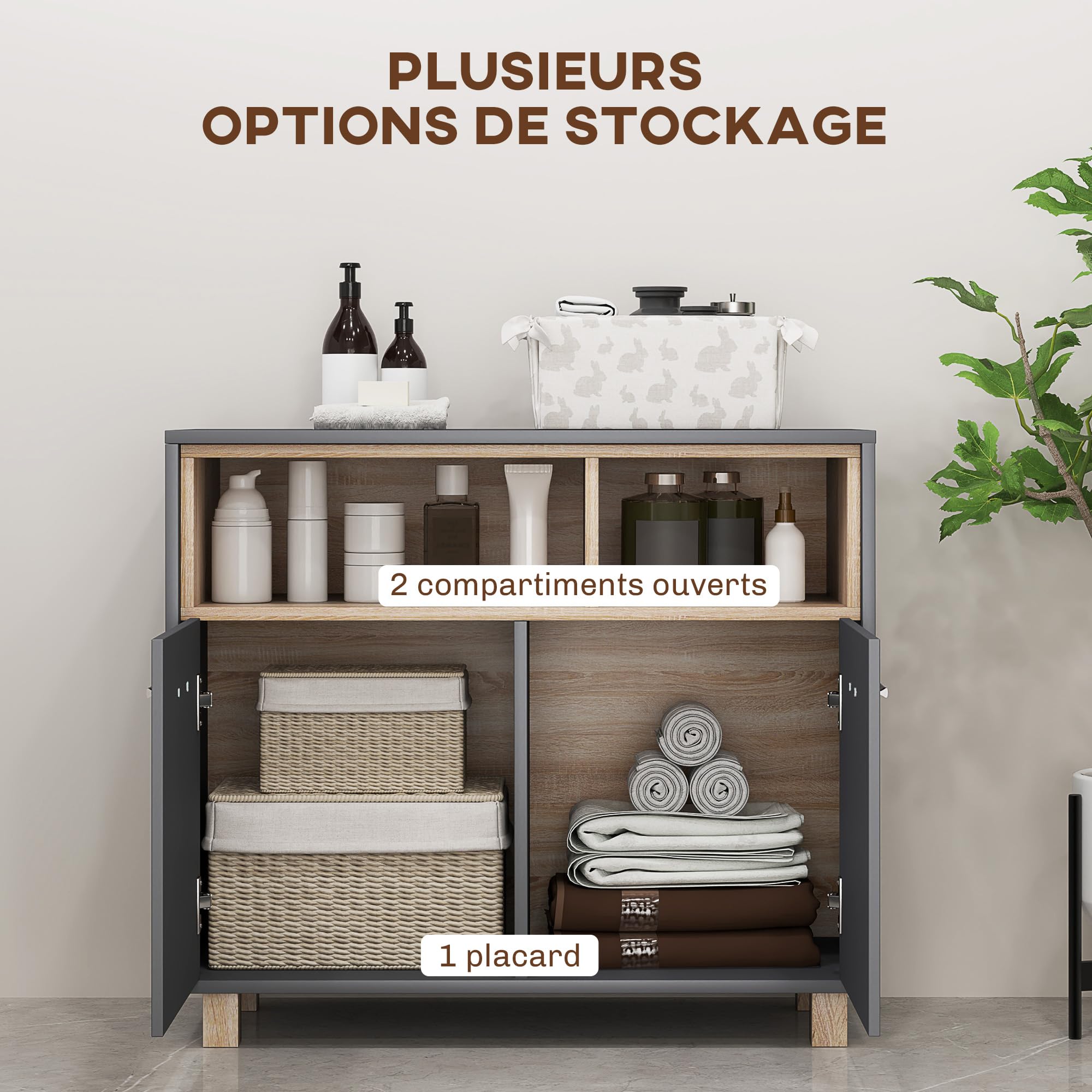 HOMCOM Meuble Salle de Bain Rangement Style Moderne 80l x 35P x 70H cm Gris