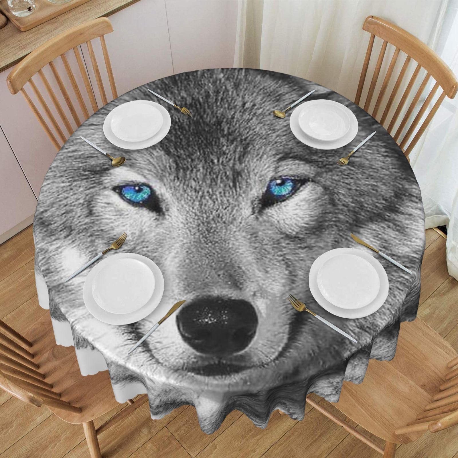 DCEHGEW 60 In Round Tablecloth with Lace, Blue-eyed wolf Printed Oilproof & Washable Fabric Picnic Table Cloth Table Covers