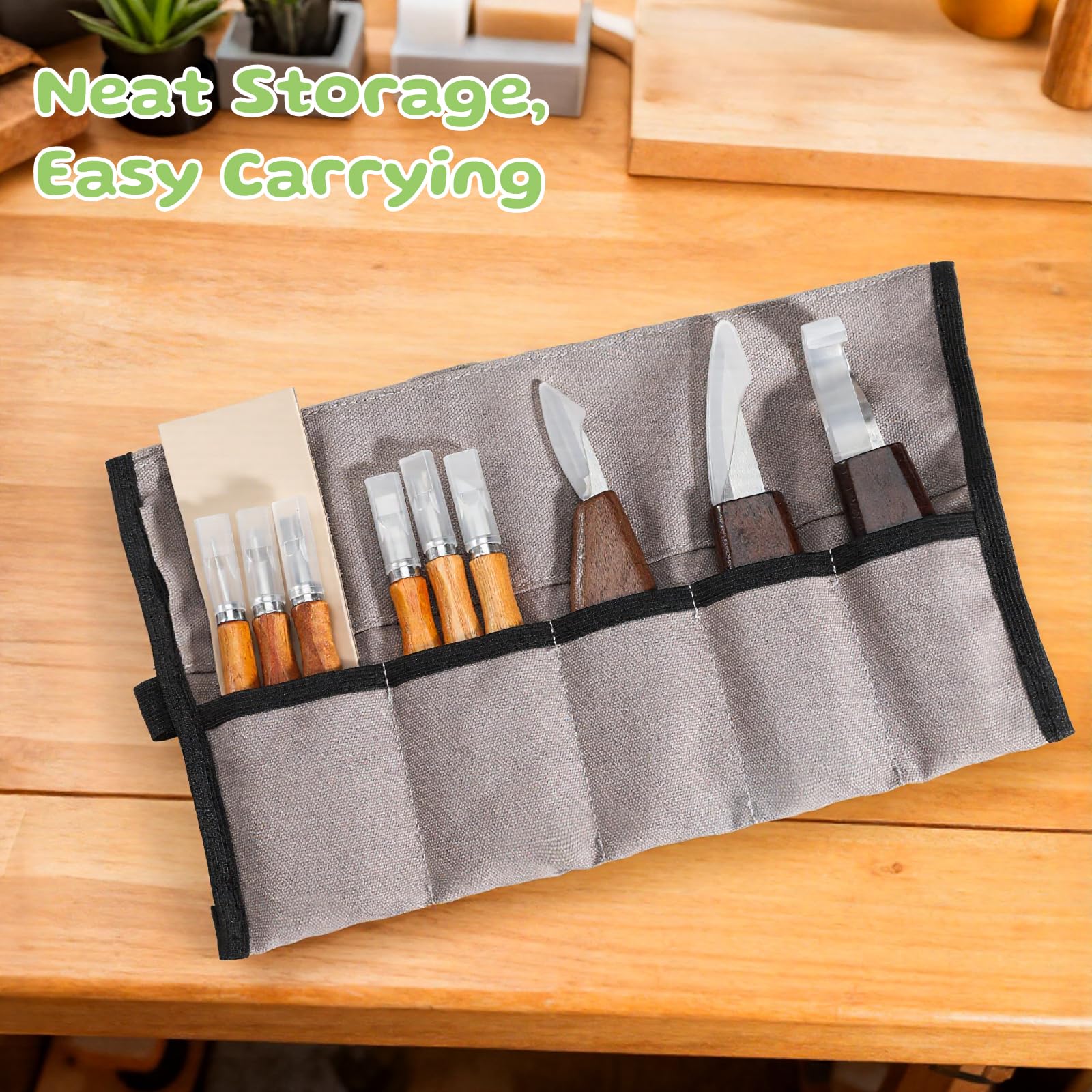 Housolution Kit de Tallado en Madera con Bolsa de Transporte，29PCS Incluye Cuchillos, Cinceles, Bloques de Tilo y Guantes, Herramientas de Carpintería para Principiantes y Aficionados al Bricolaje