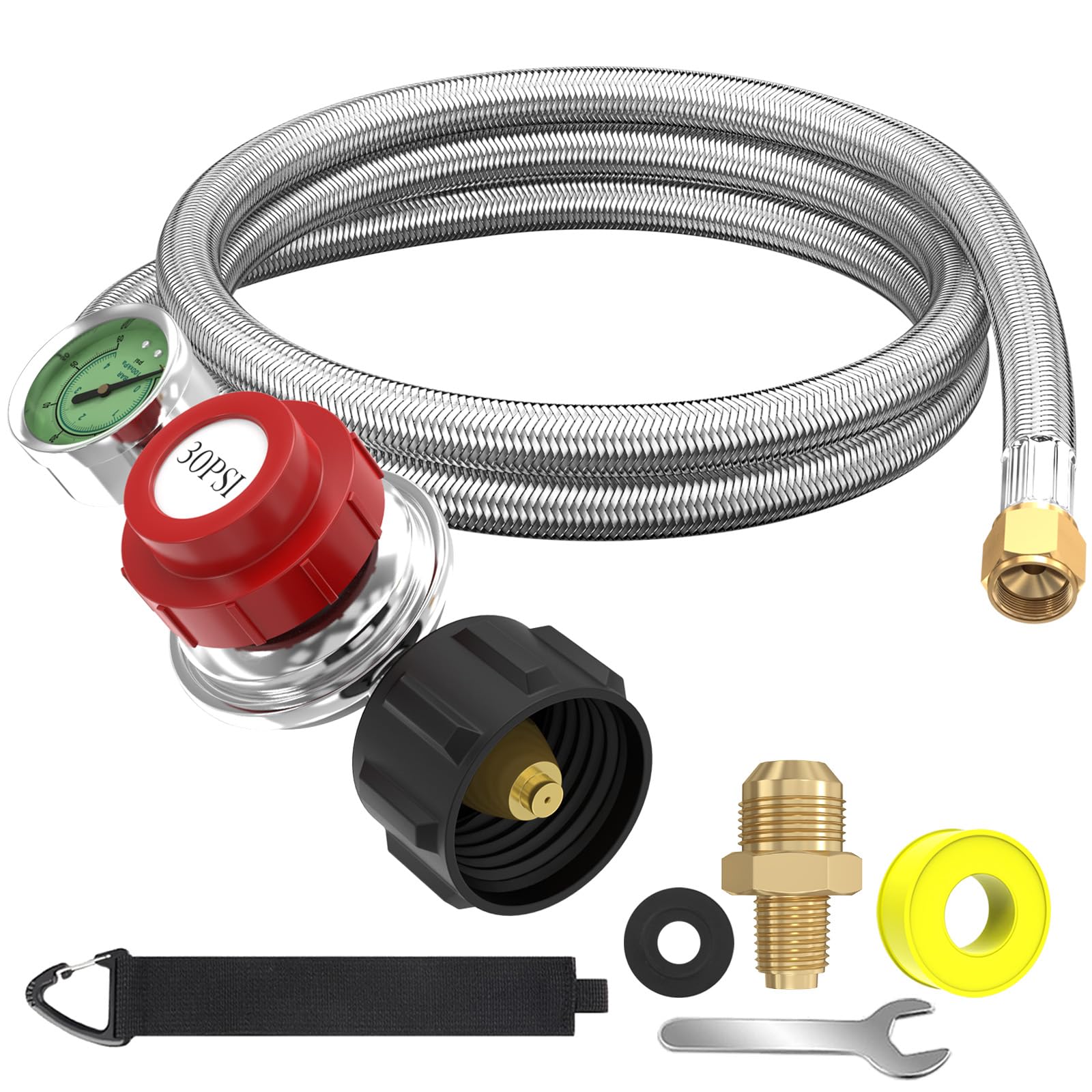 5FT 0-30 PSI Adjustable High Pressure Propane Regulator with Gauge 0~60PSI Gas Flow Indicator QCC1 Stainless Propane Hose with 3/8 Flare x 1/8 MNPT Fits for LP Gas Cooker, Burner, Smoker, Turkey Fryer